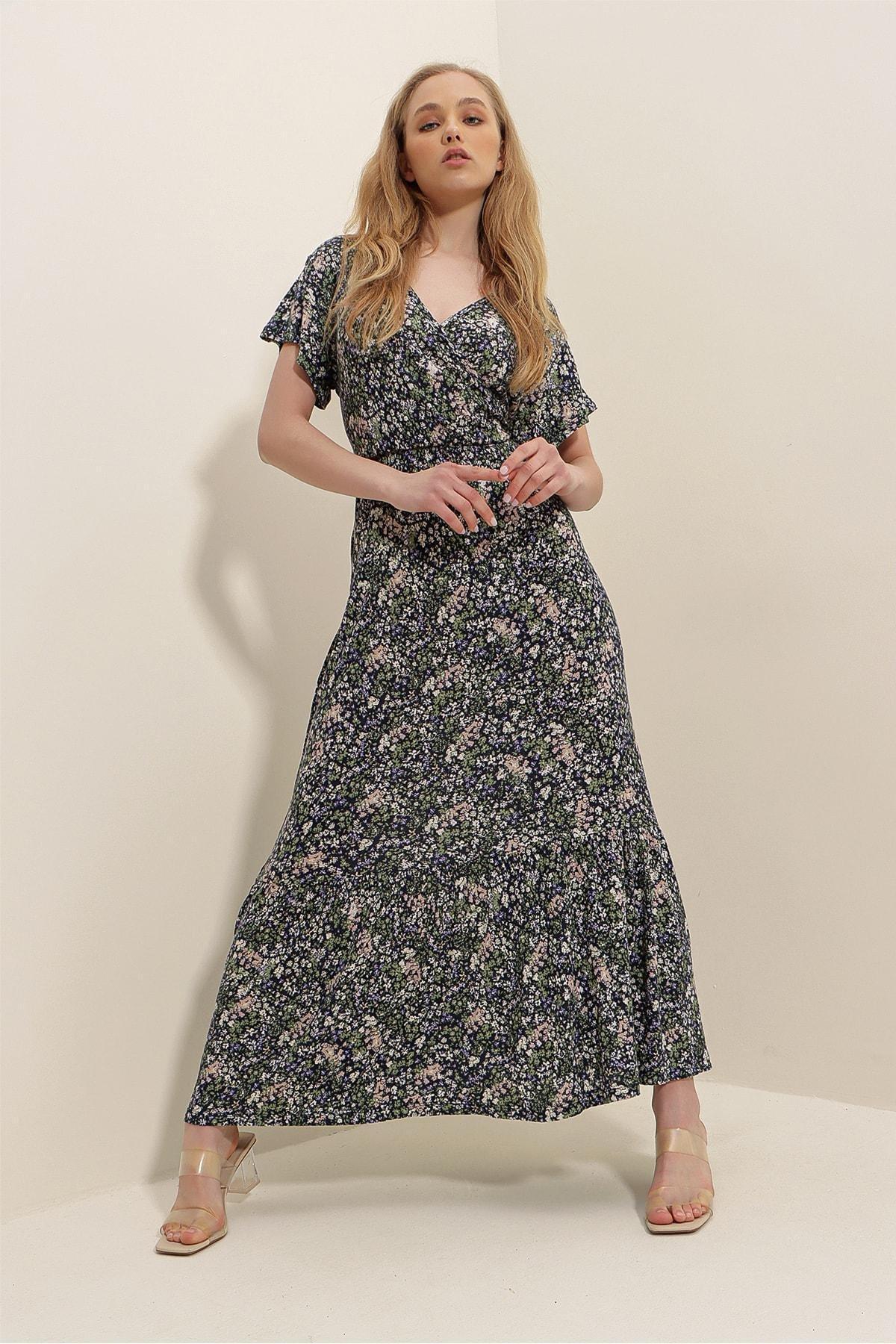 Black Floral Ruffle Hem V-Neck Dress, , large image number 6