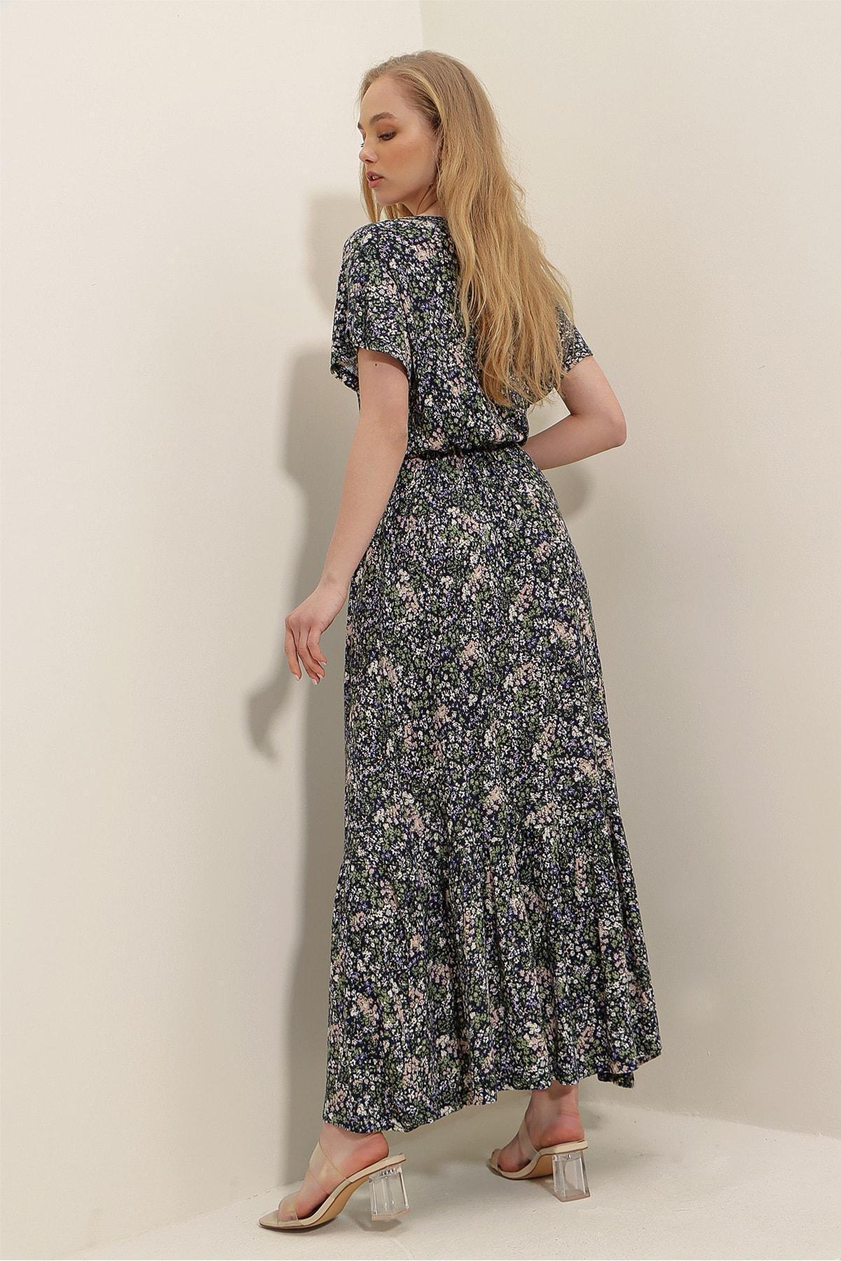 Black Floral Ruffle Hem V-Neck Dress, , large image number 8