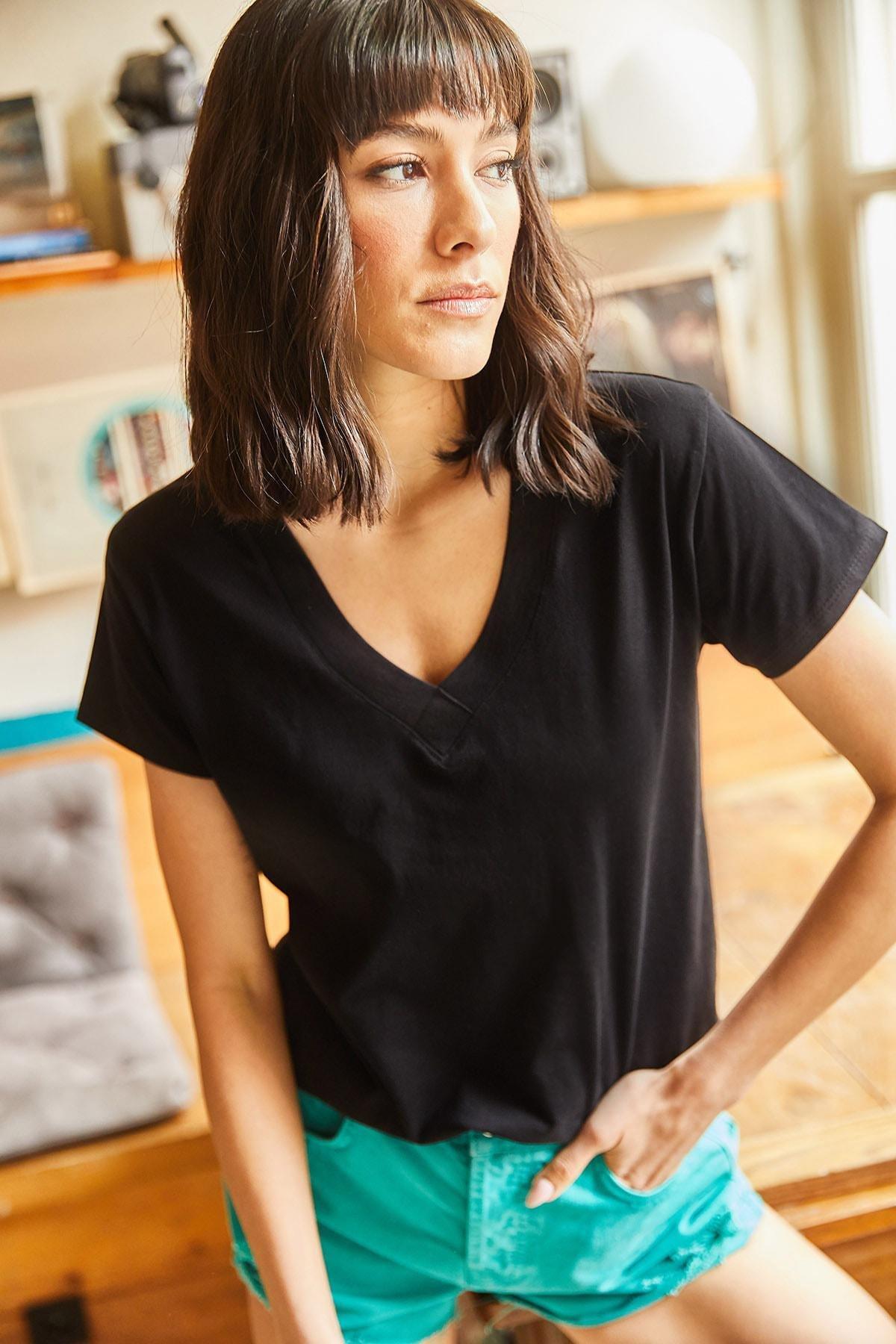 Black V-Neck Flamed T-Shirt, , large image number 0