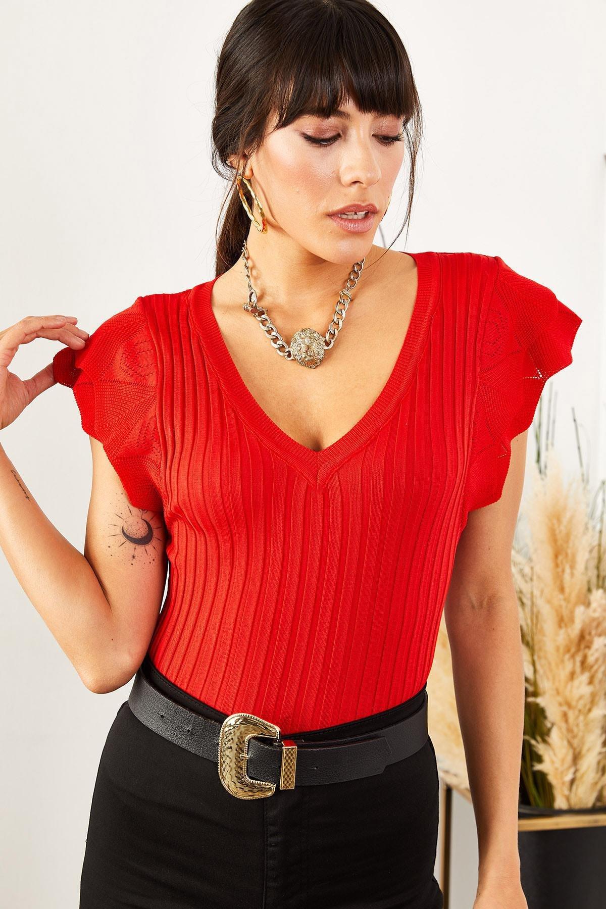 Red V-Neck Butterfly Sleeve Knitted Blouse, Red, large image number 1
