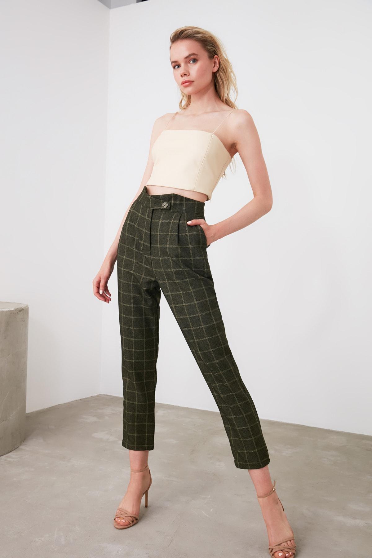 Khaki Plaid Straight Pants, , large image number 0