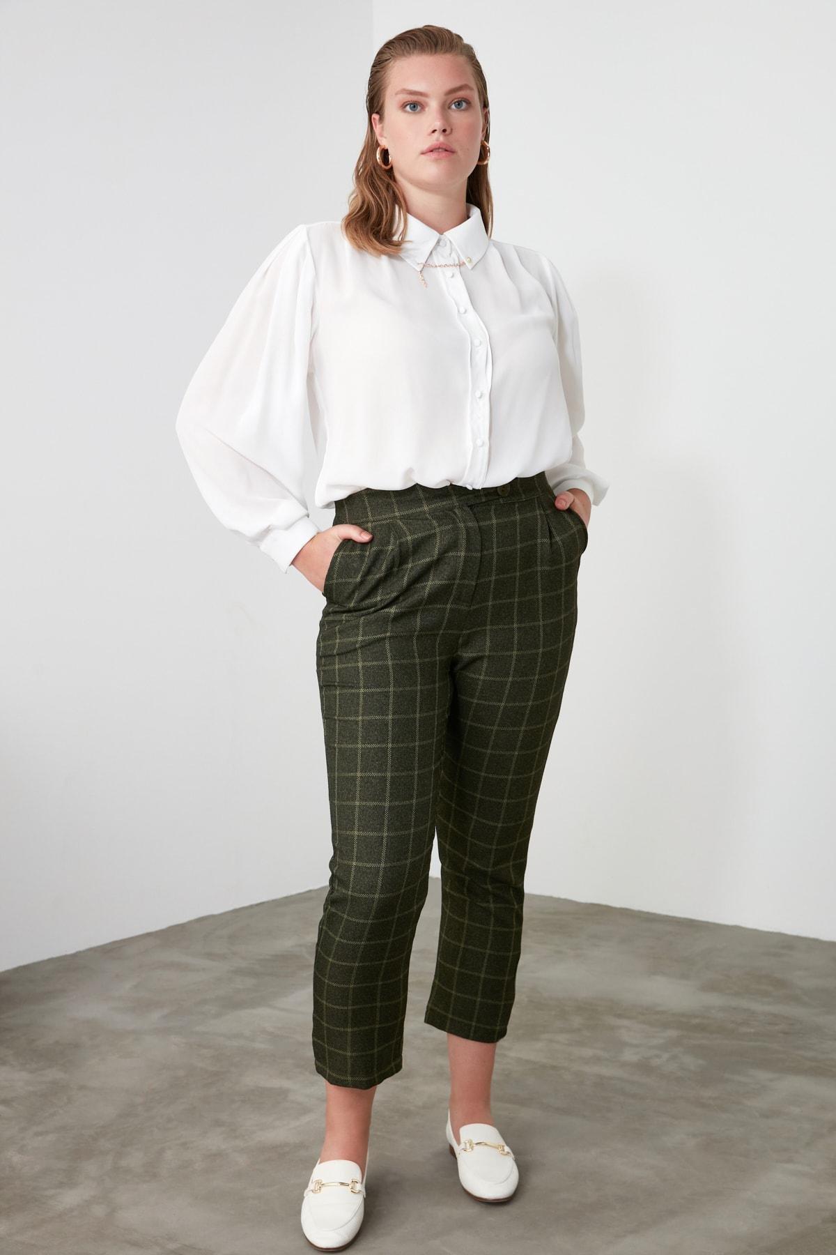 Khaki Plaid Straight Pants, , large image number 1