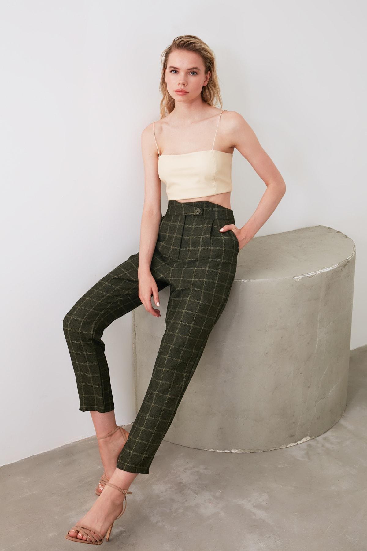 Khaki Plaid Straight Pants, , large image number 4