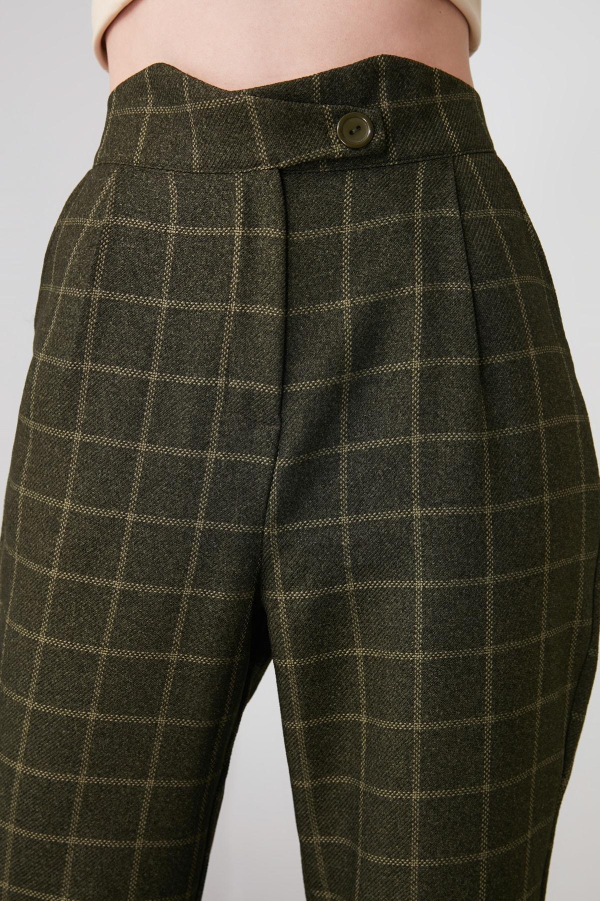 Khaki Plaid Straight Pants, , large image number 5