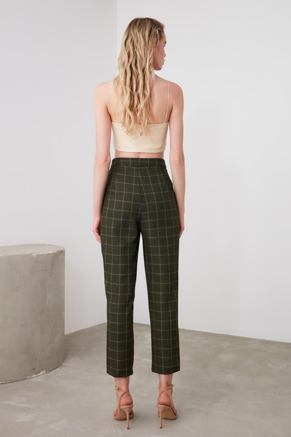 Khaki Plaid Straight Pants, , large image number 6