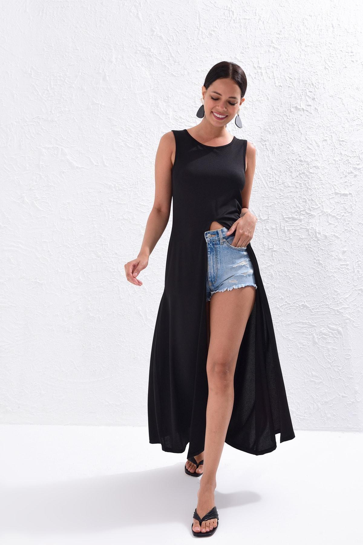 Black Crew Neck A-Line Dress, , large image number 1