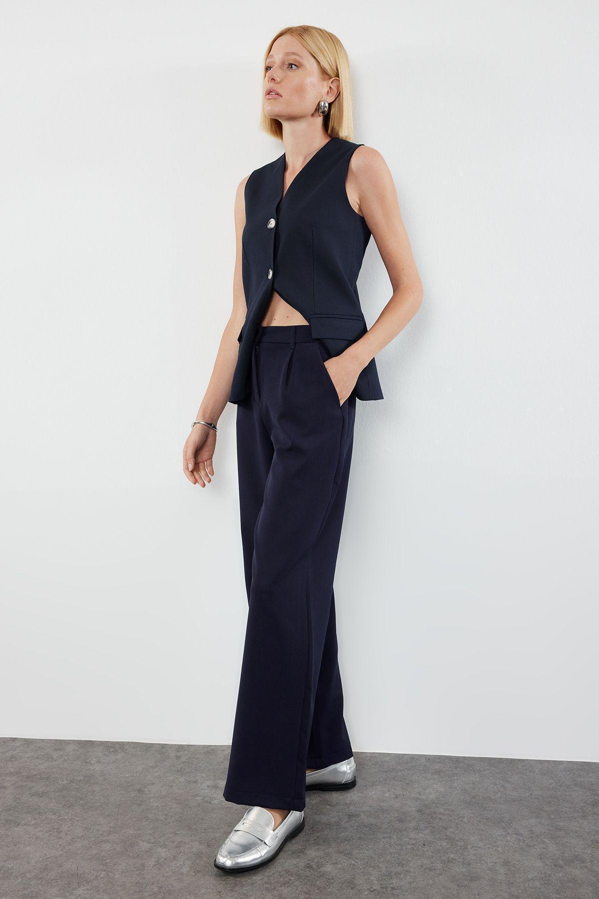 Navy High-Waist Pleated Trousers, , large image number 1