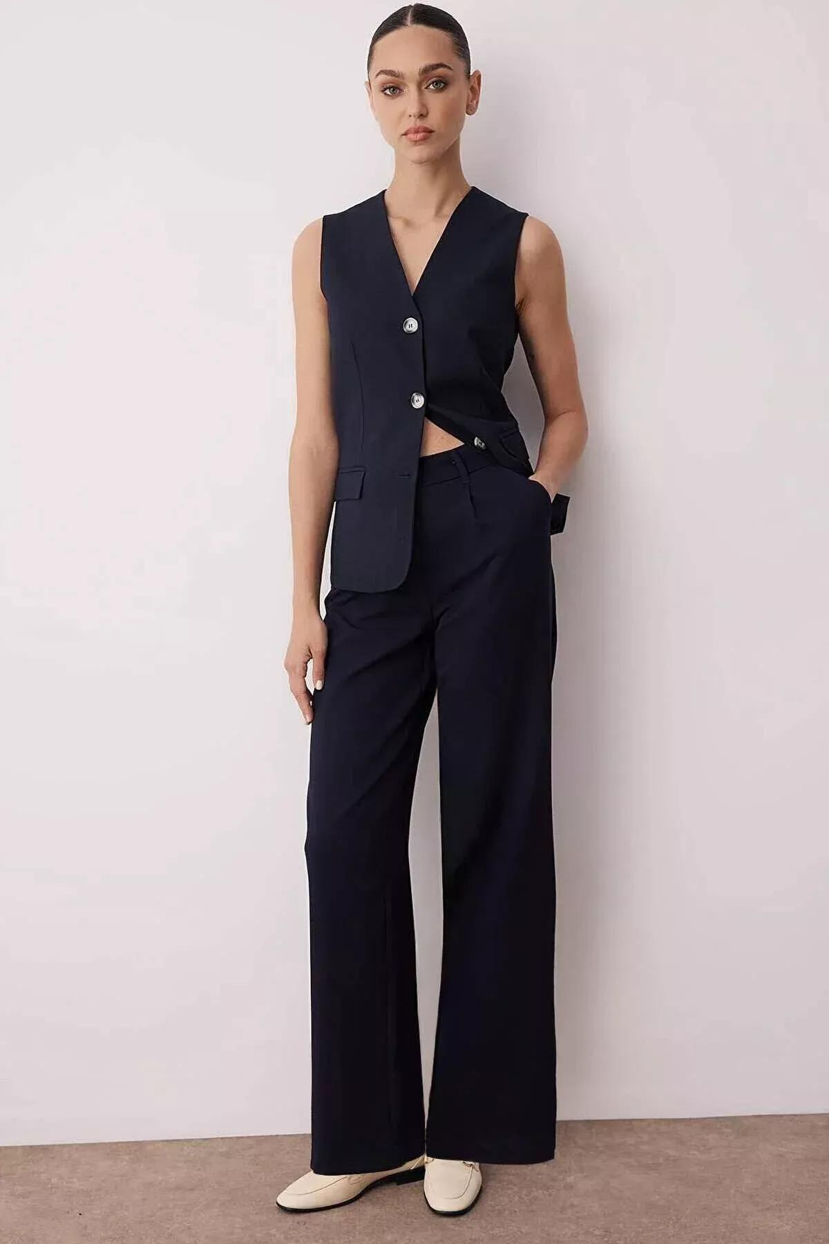 Navy High-Waist Pleated Trousers, Dark Navyblue, large image number 1
