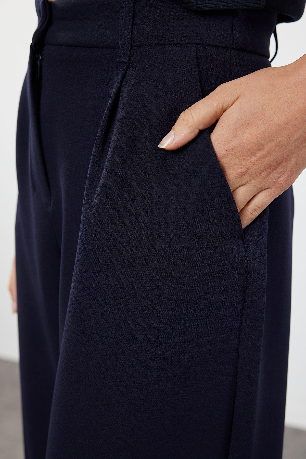 Navy High-Waist Pleated Trousers, , large image number 2