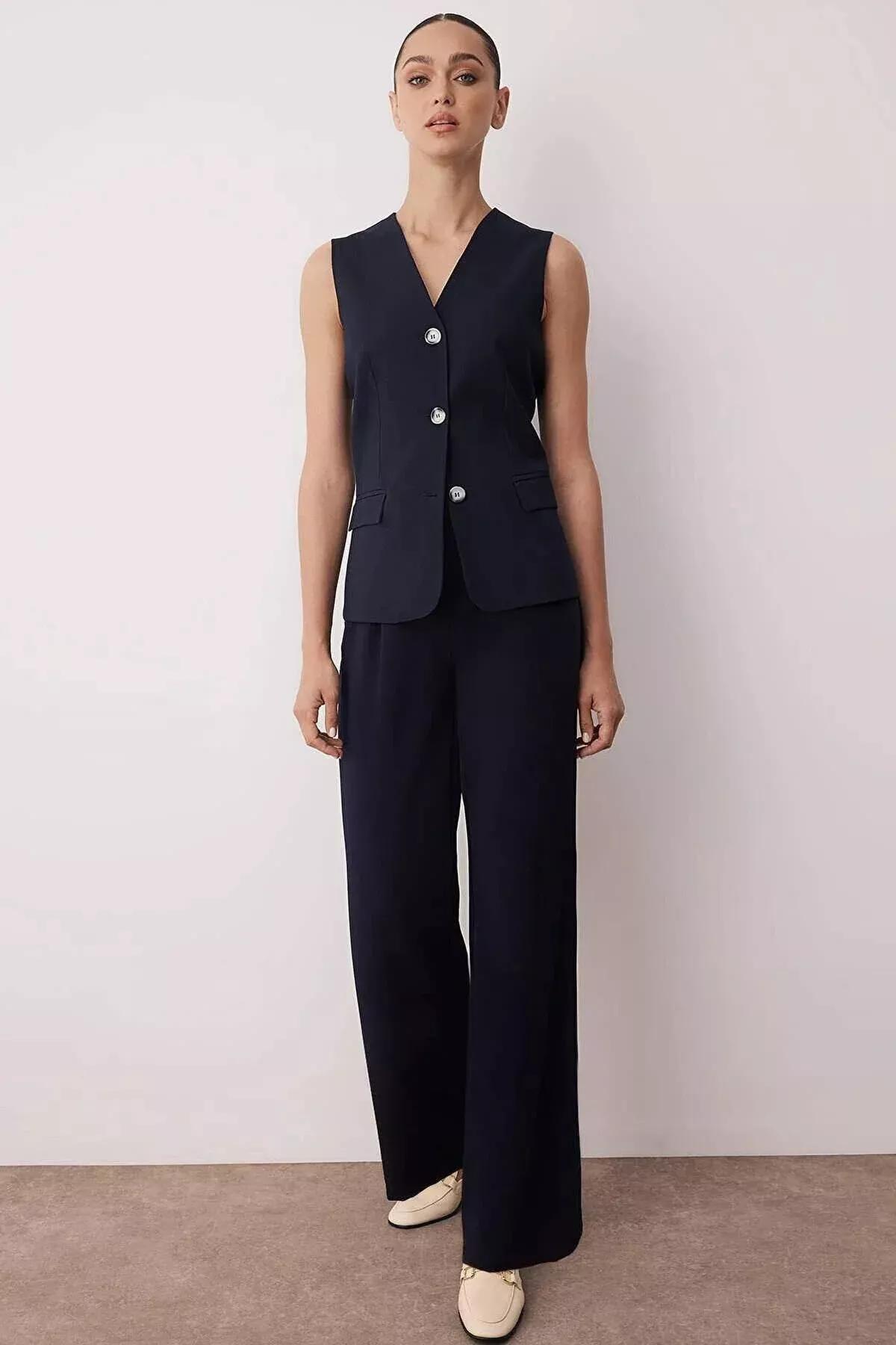 Navy High-Waist Pleated Trousers, Dark Navyblue, large image number 2