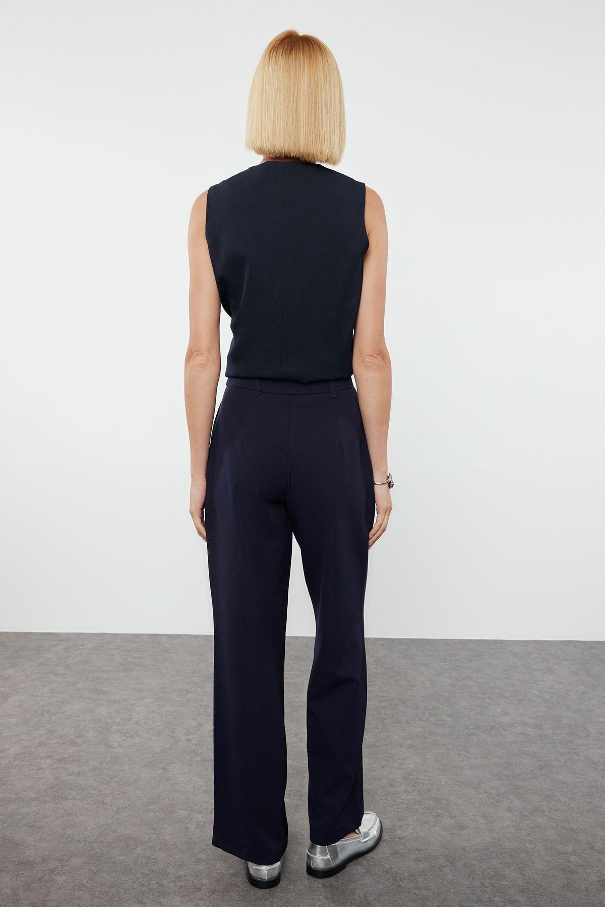 Navy High-Waist Pleated Trousers, , large image number 3