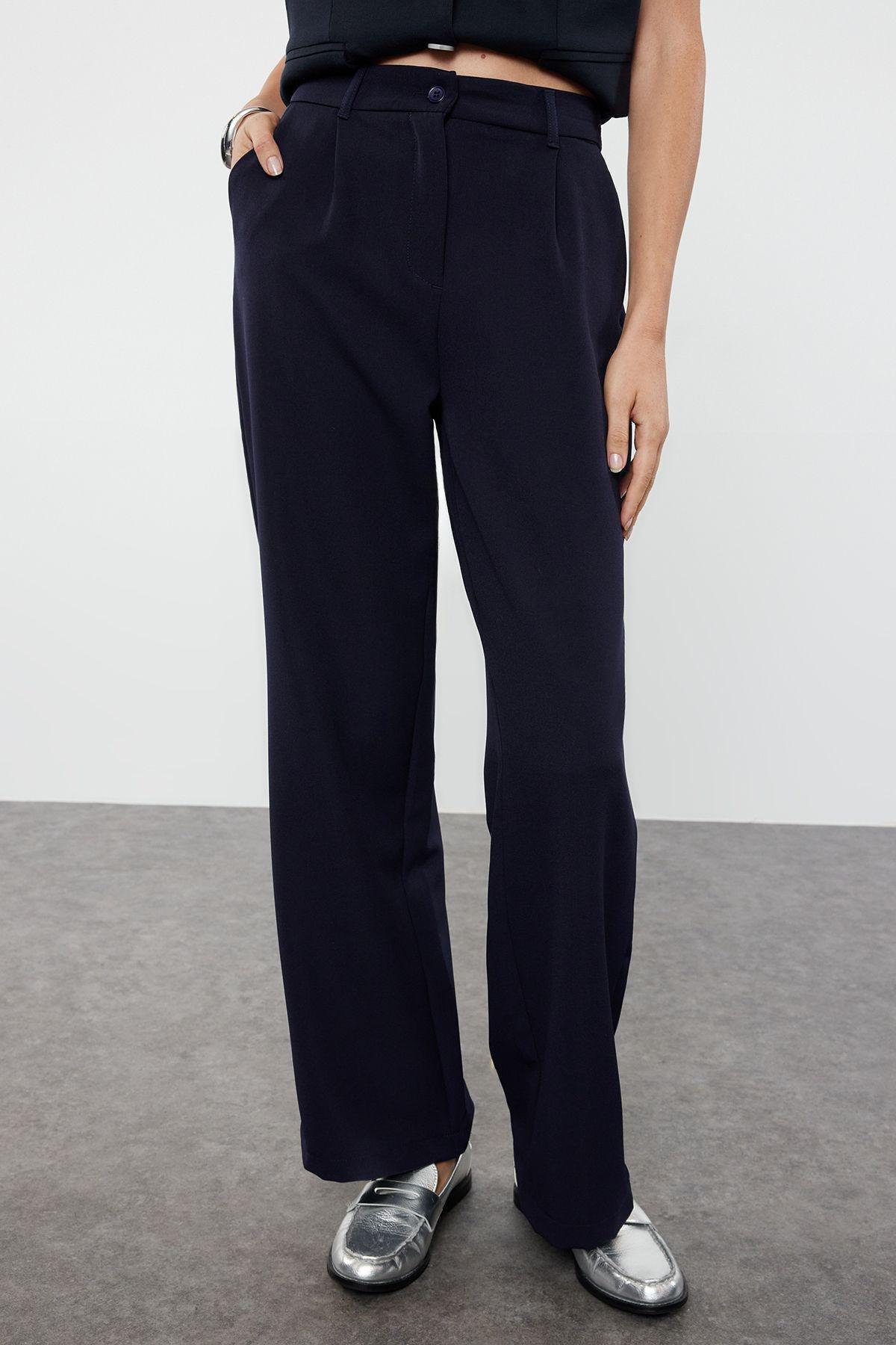 Navy High-Waist Pleated Trousers, , large image number 4