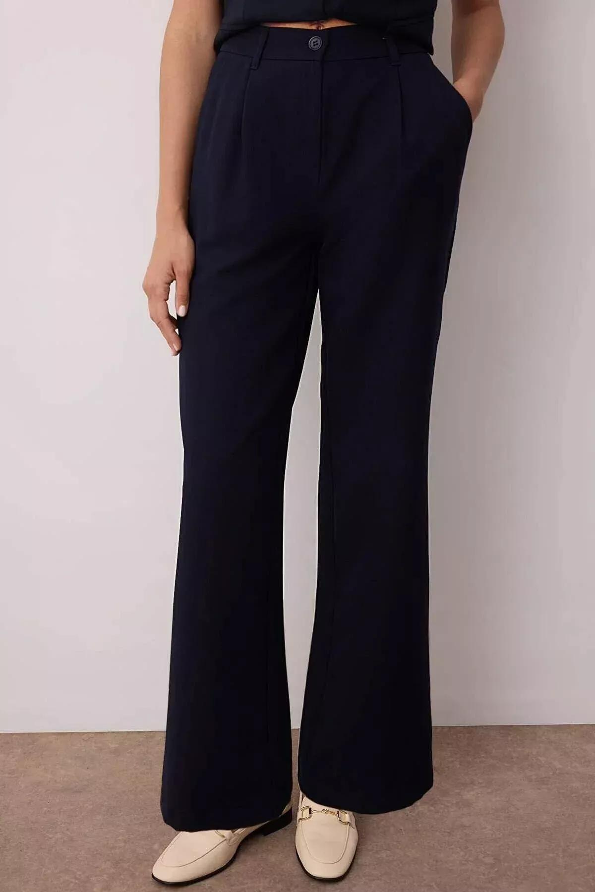 Navy High-Waist Pleated Trousers, Dark Navyblue, large image number 4