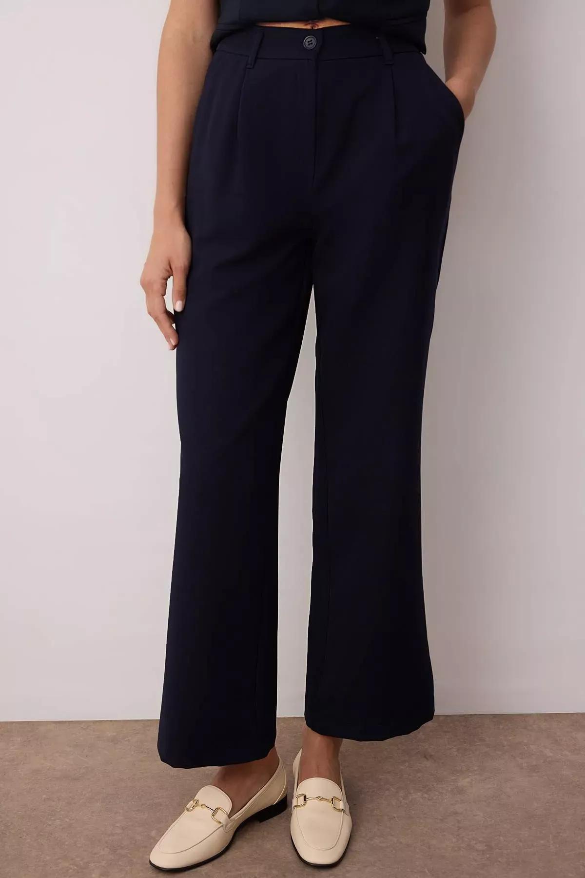 بنطال بكسرات وخصر مرتفع، كحلي, Dark Navyblue, large image number 4
