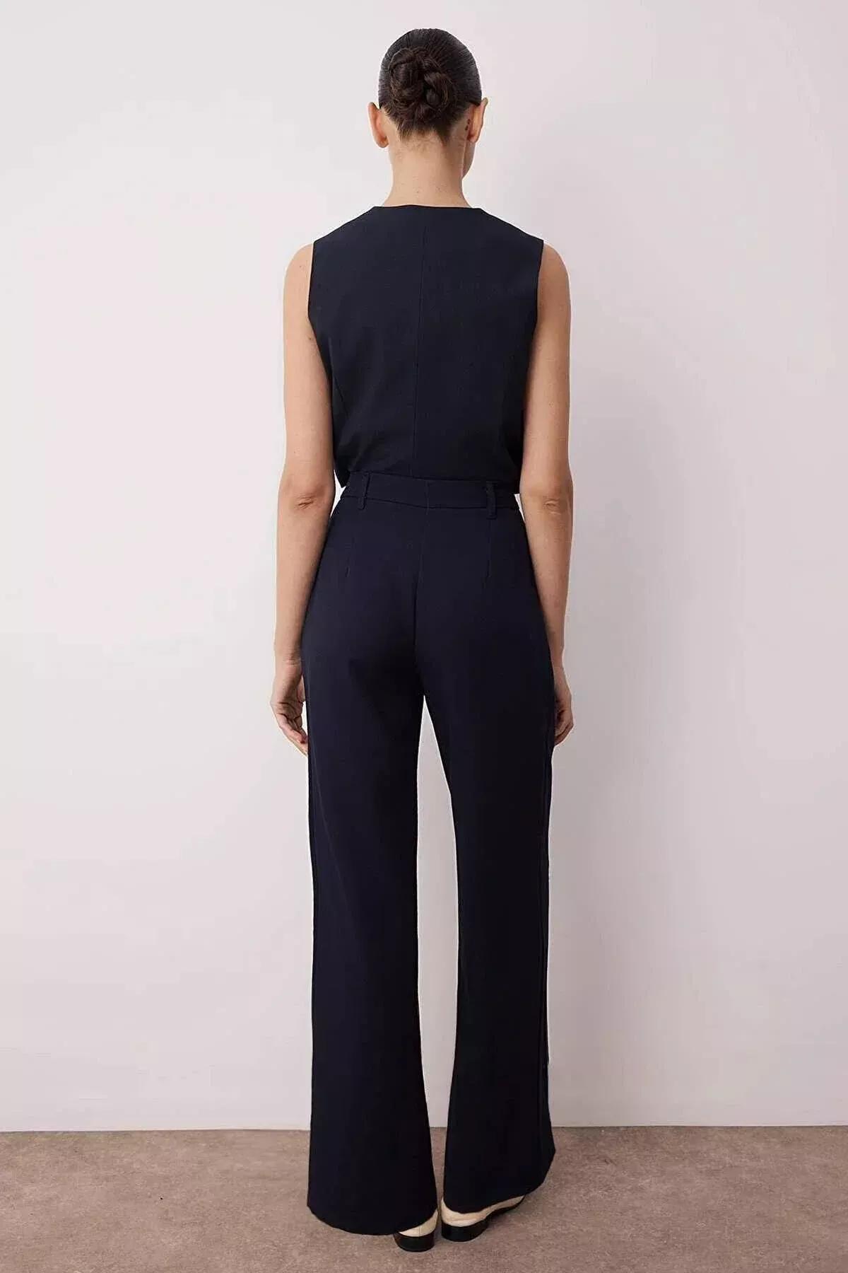 Navy High-Waist Pleated Trousers, Dark Navyblue, large image number 6