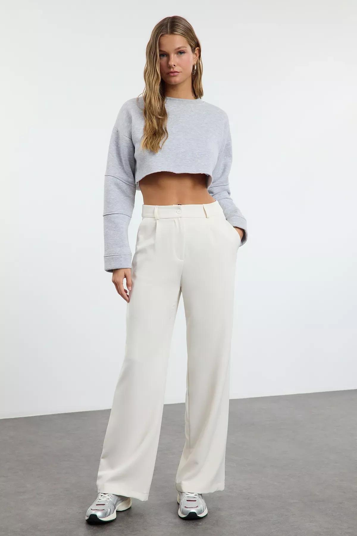 White Wide Leg Pants, Ecru, large image number 0