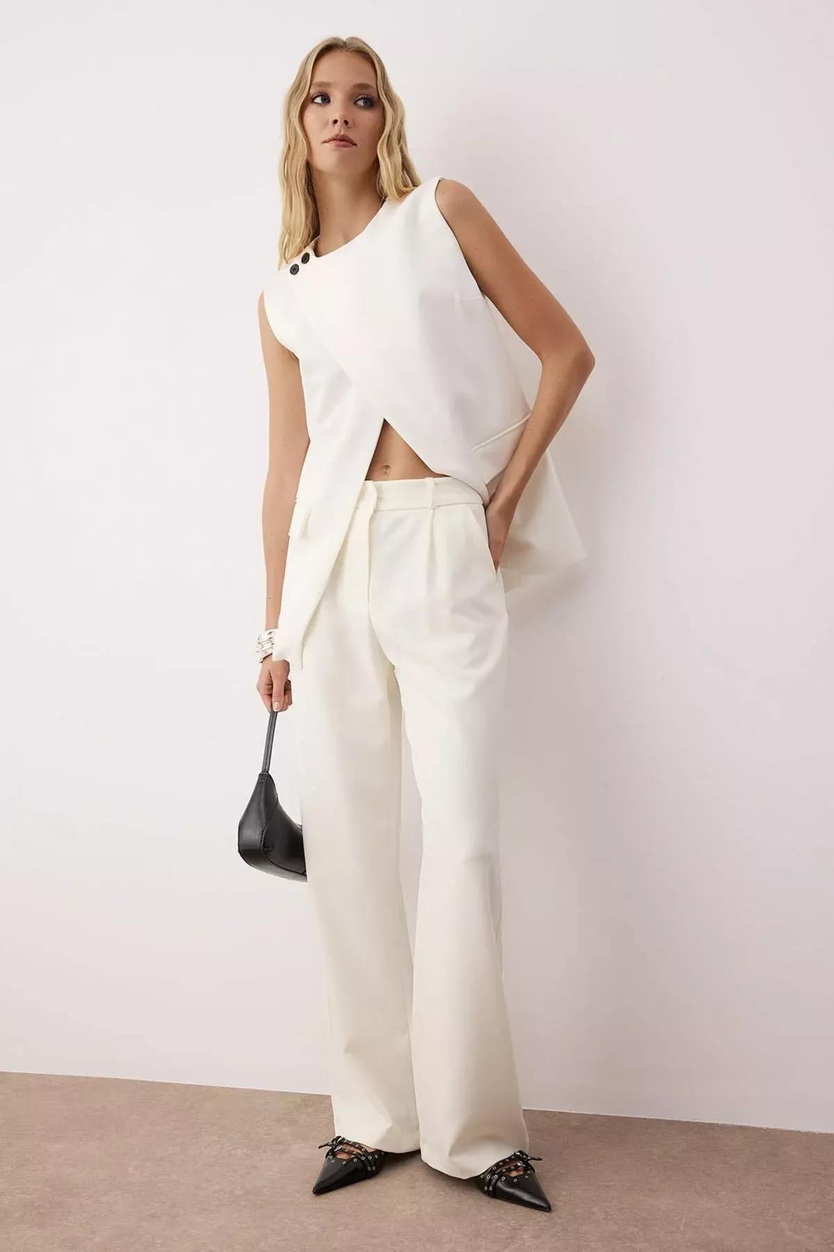 White Wide Leg Pants, Ecru, large image number 1