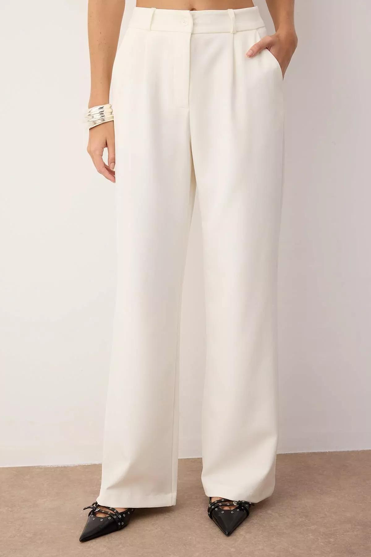 White Wide Leg Pants, Ecru, large image number 5