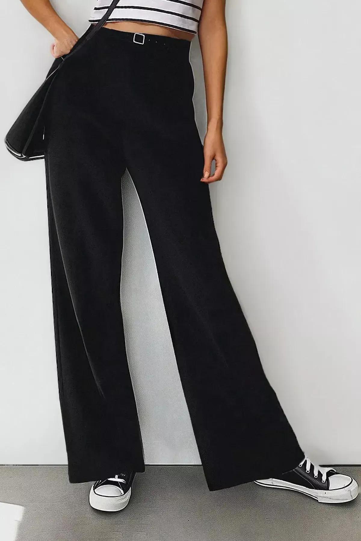 Black Mid Waist Wide Leg Pants, , medium