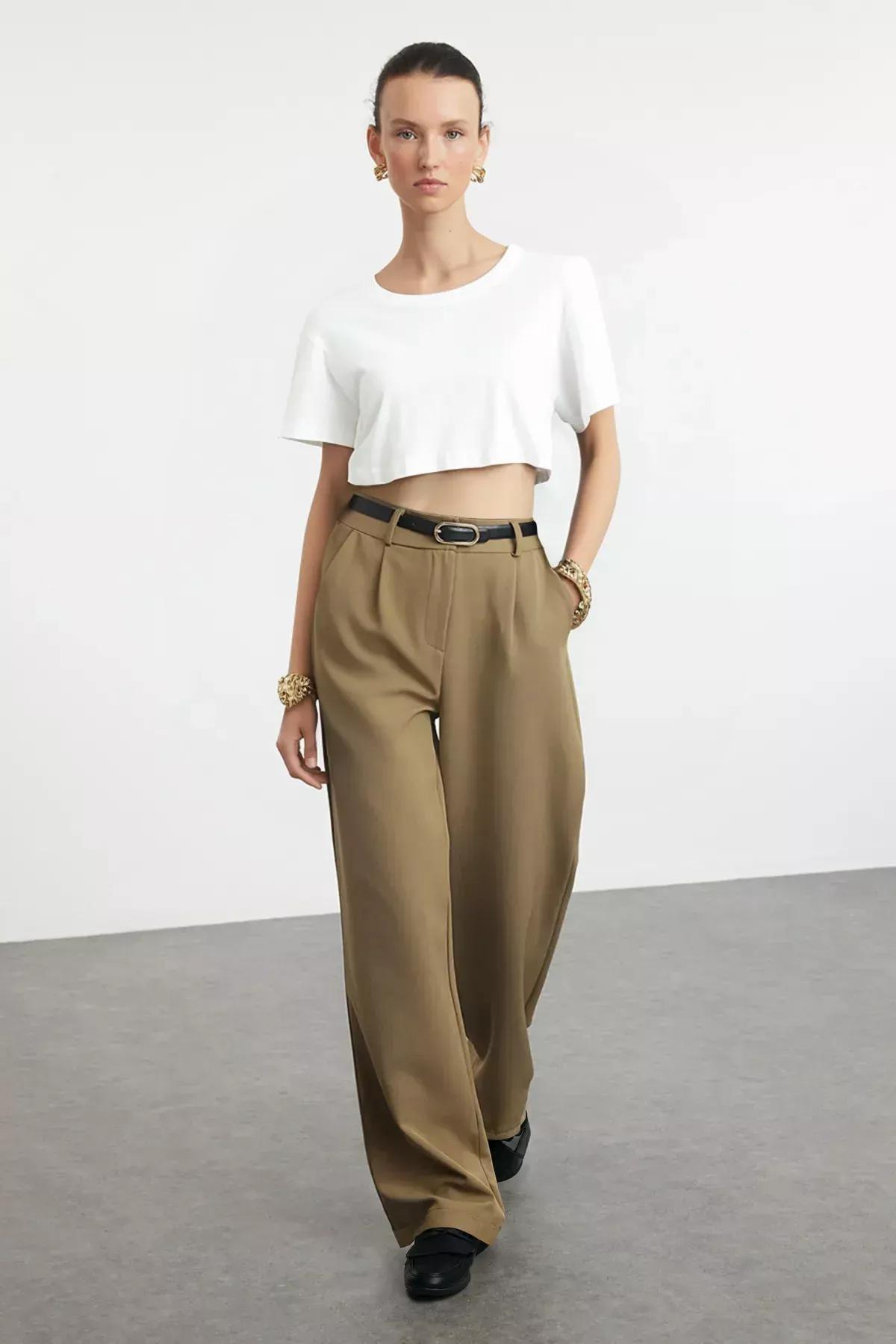 بنطال بقصة ساق عريضة، كاكي, Khaki, large image number 0