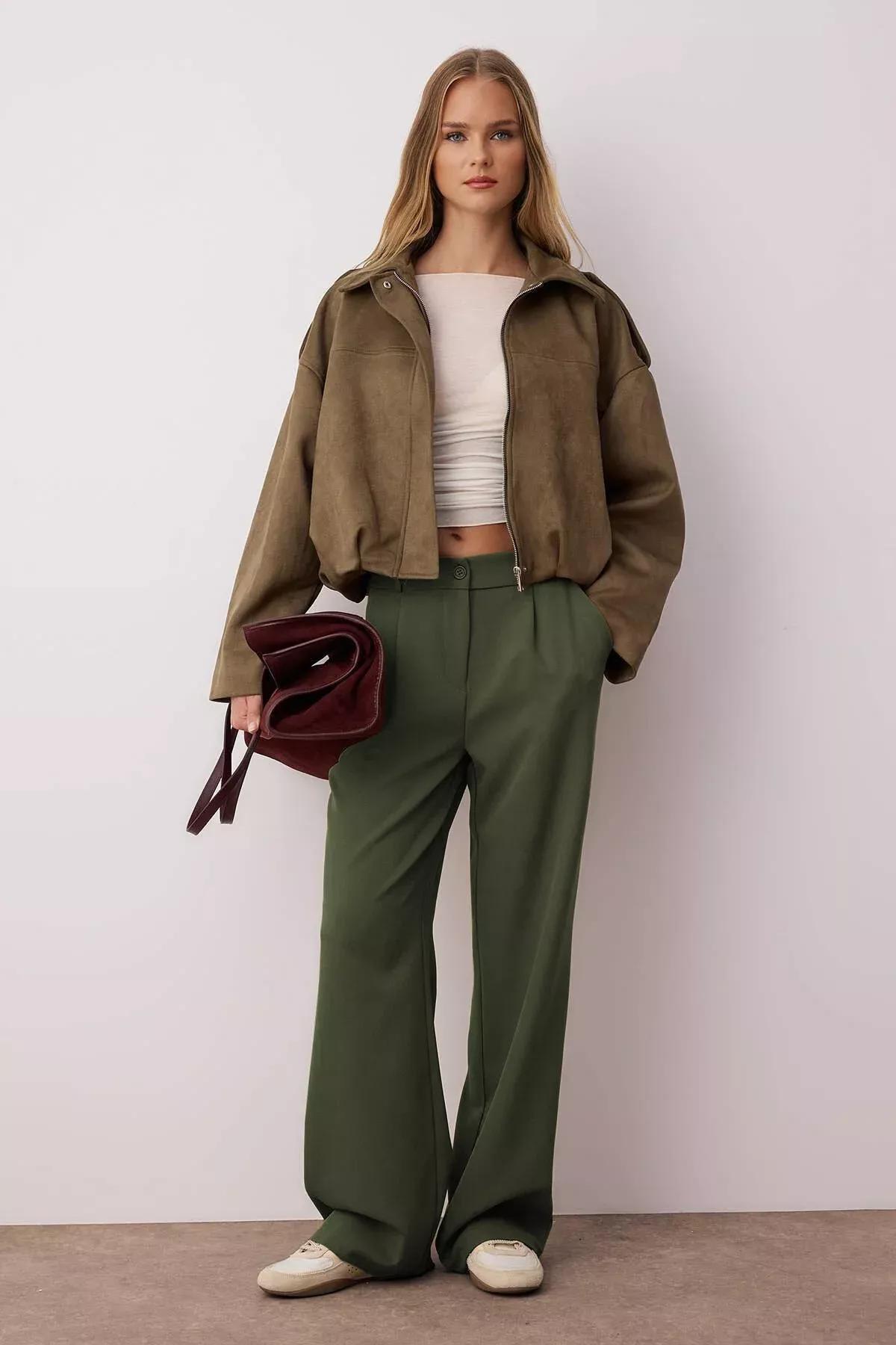 بنطال بقصة ساق عريضة، كاكي, Khaki, large image number 1