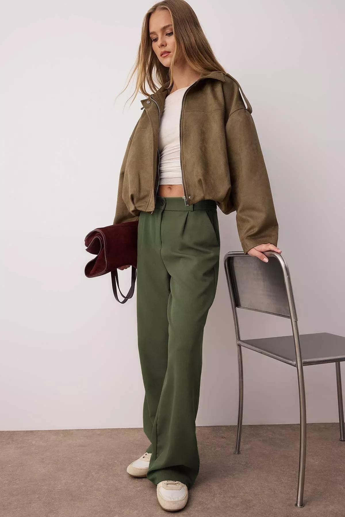 بنطال بقصة ساق عريضة، كاكي, Khaki, large image number 3