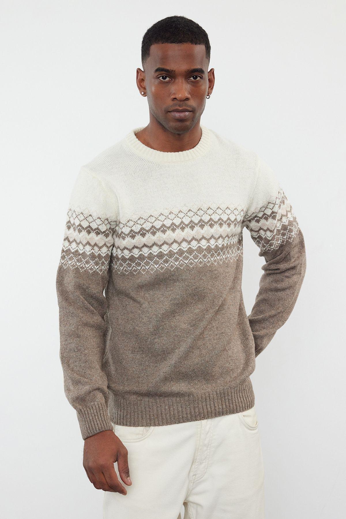 Geometric Print Knitwear Sweater, Mink, medium