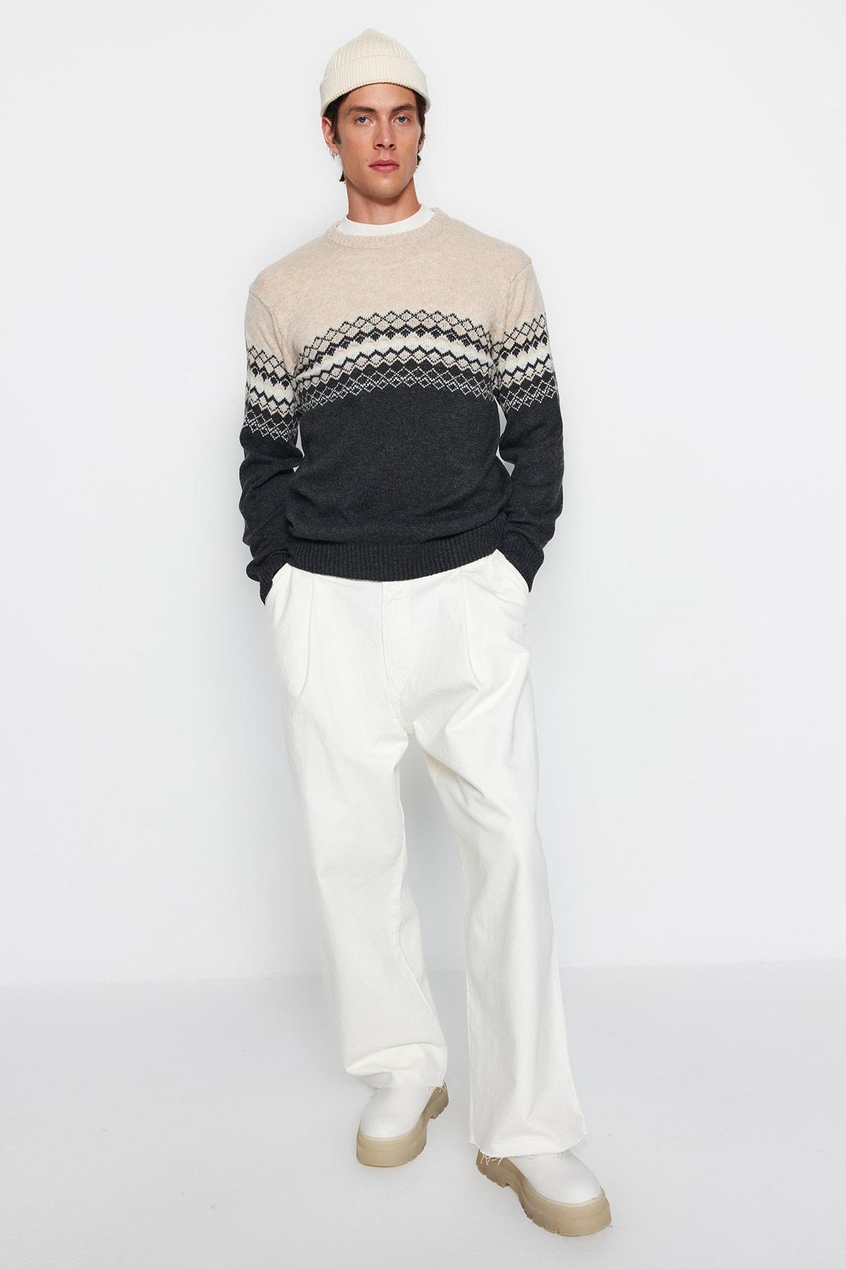 Grey Colour Block Slim Sweater, Anthracite, medium