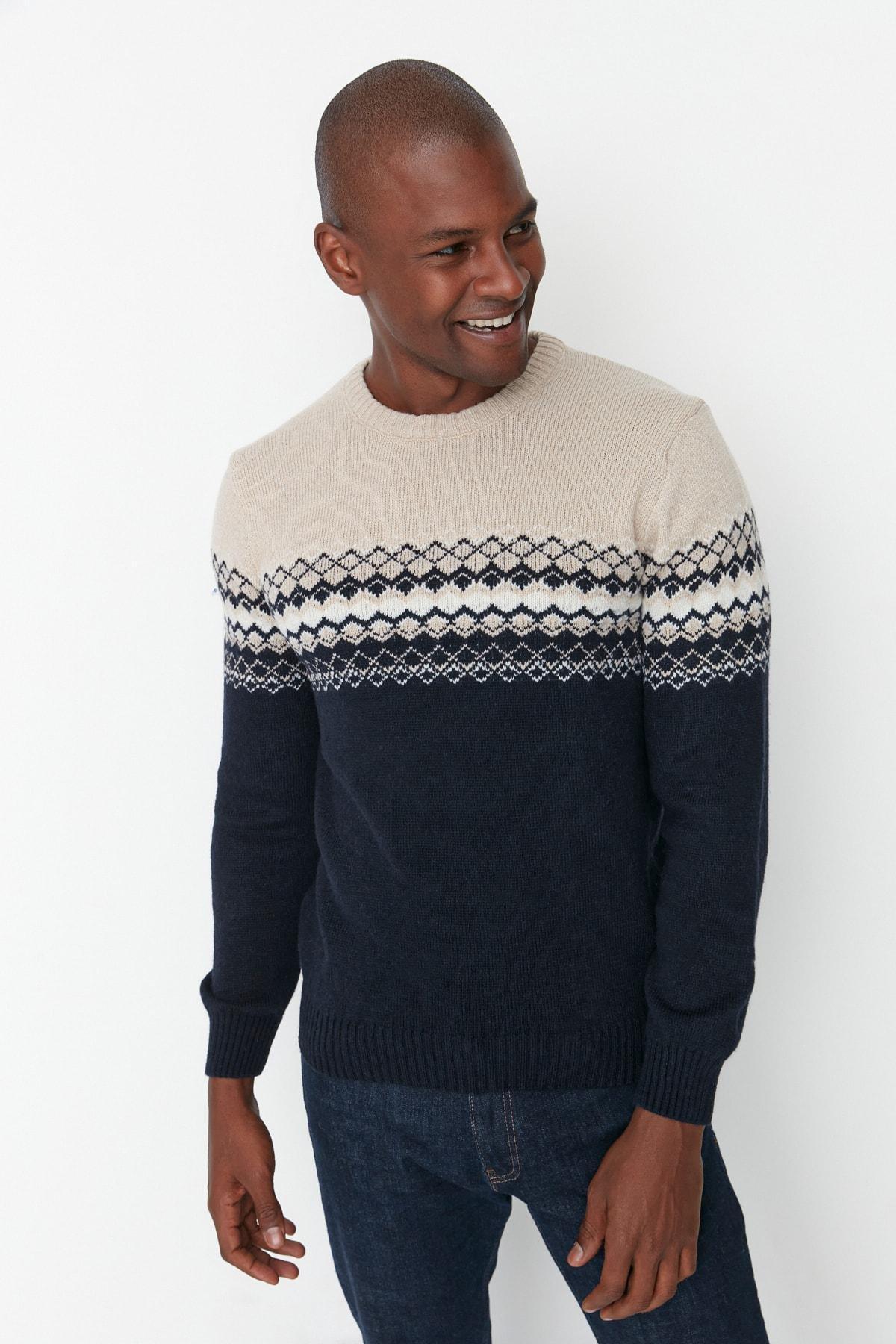 Navy Crew Neck Slim Sweater, Dark blue, large image number 0