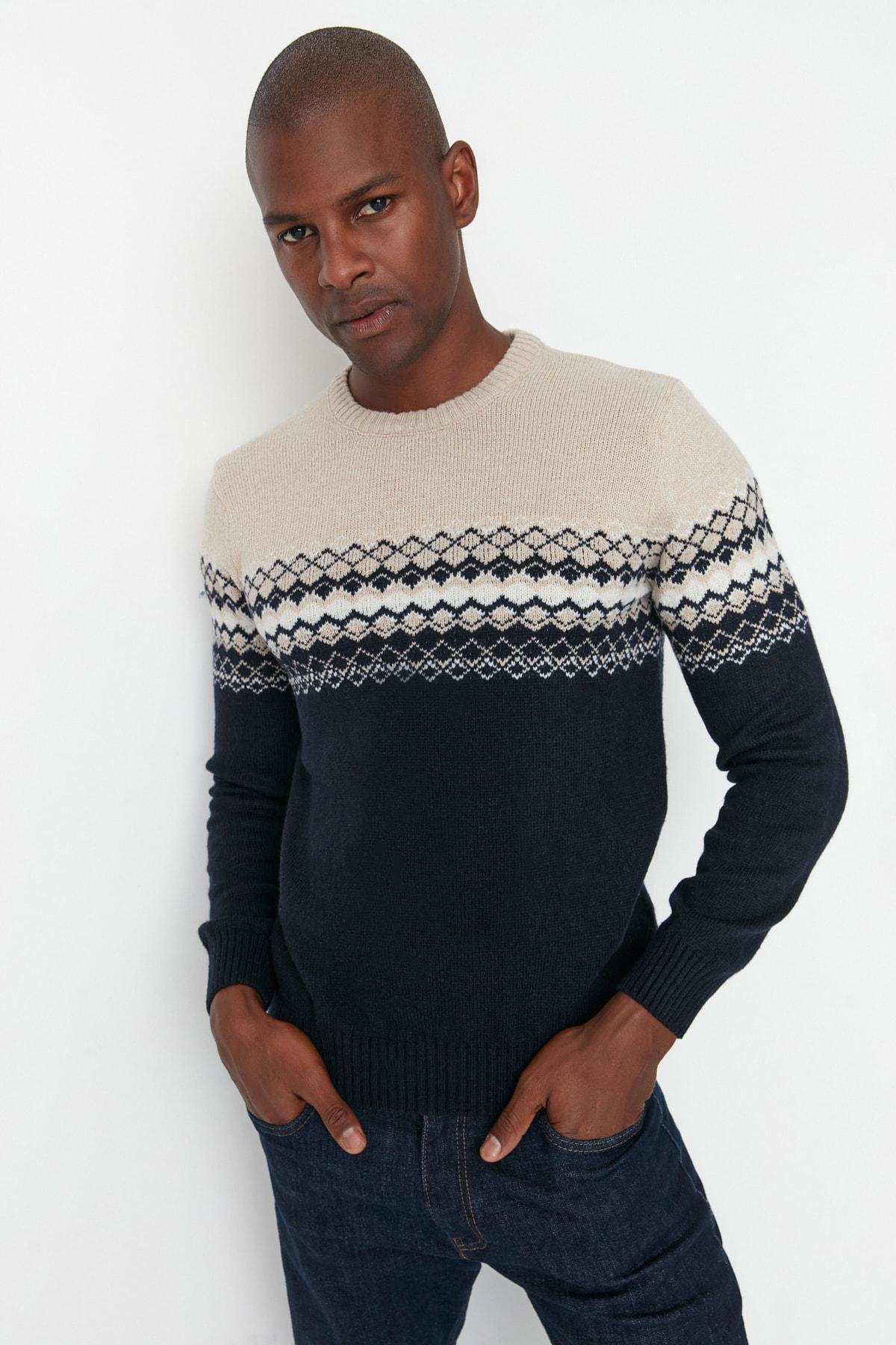 Navy Crew Neck Slim Sweater, Dark blue, large image number 1