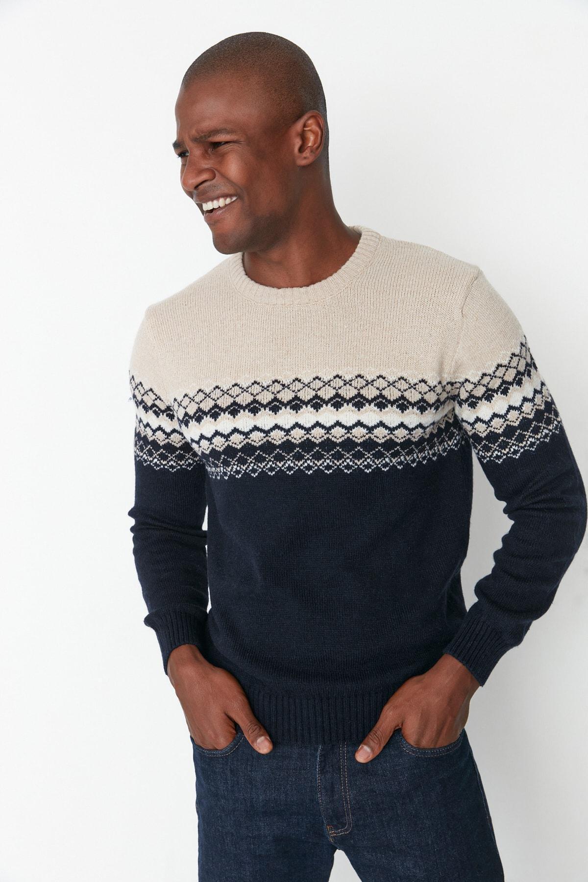 Navy Crew Neck Slim Sweater, Dark blue, large image number 3