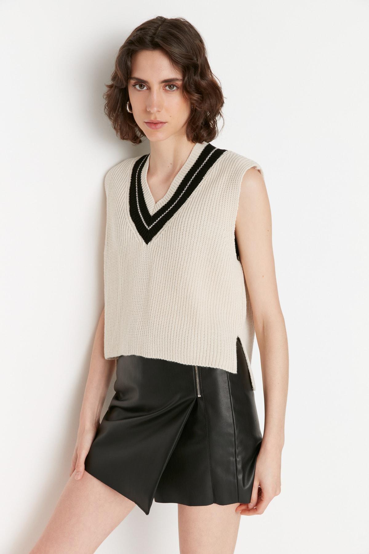 Beige V Neck Sweater Vest, , large image number 0