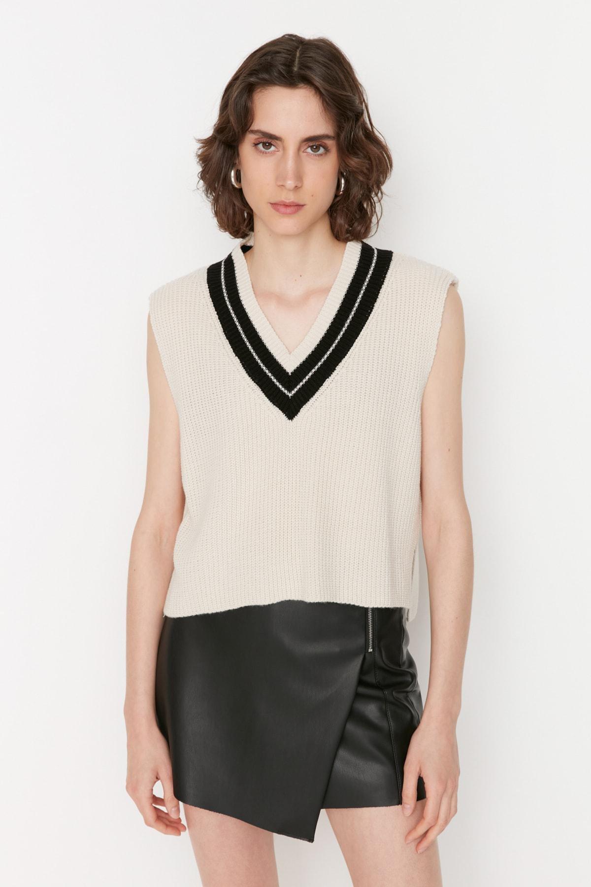 Beige V Neck Sweater Vest, , large image number 1
