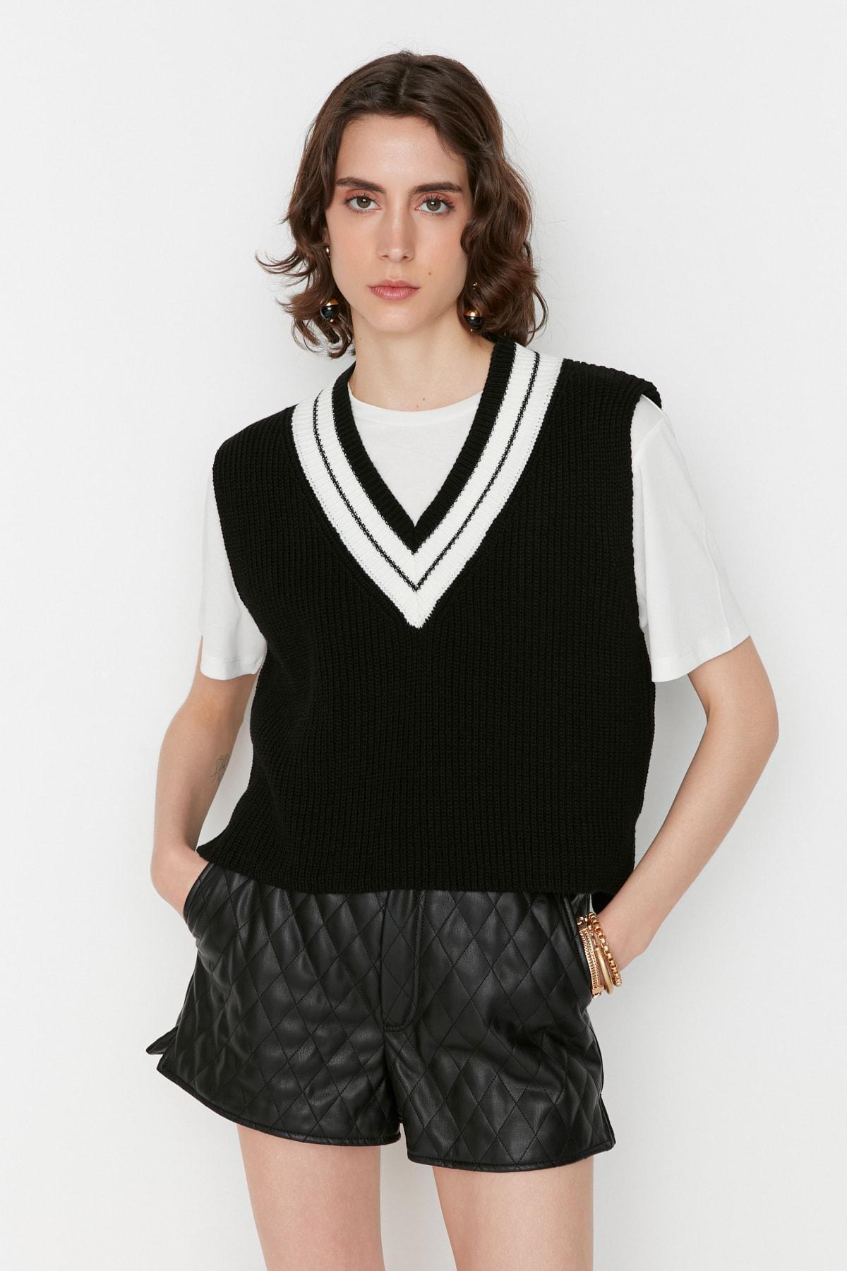 Black V-Neck Sweater Vest, Black, medium