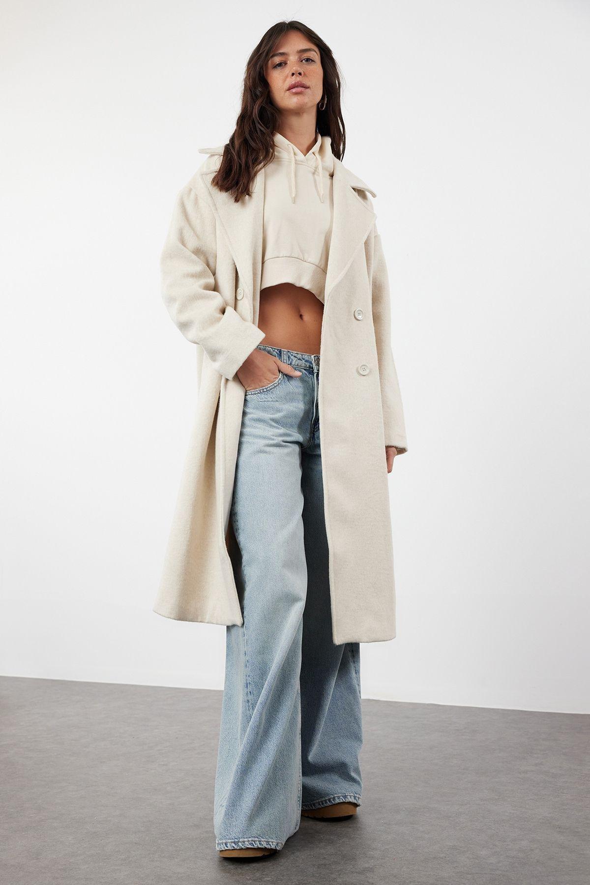 Ecru Oversize Wide Cut Long Wool Cashmere Coat TWOAW21KB0038, Single item, , large image number 0