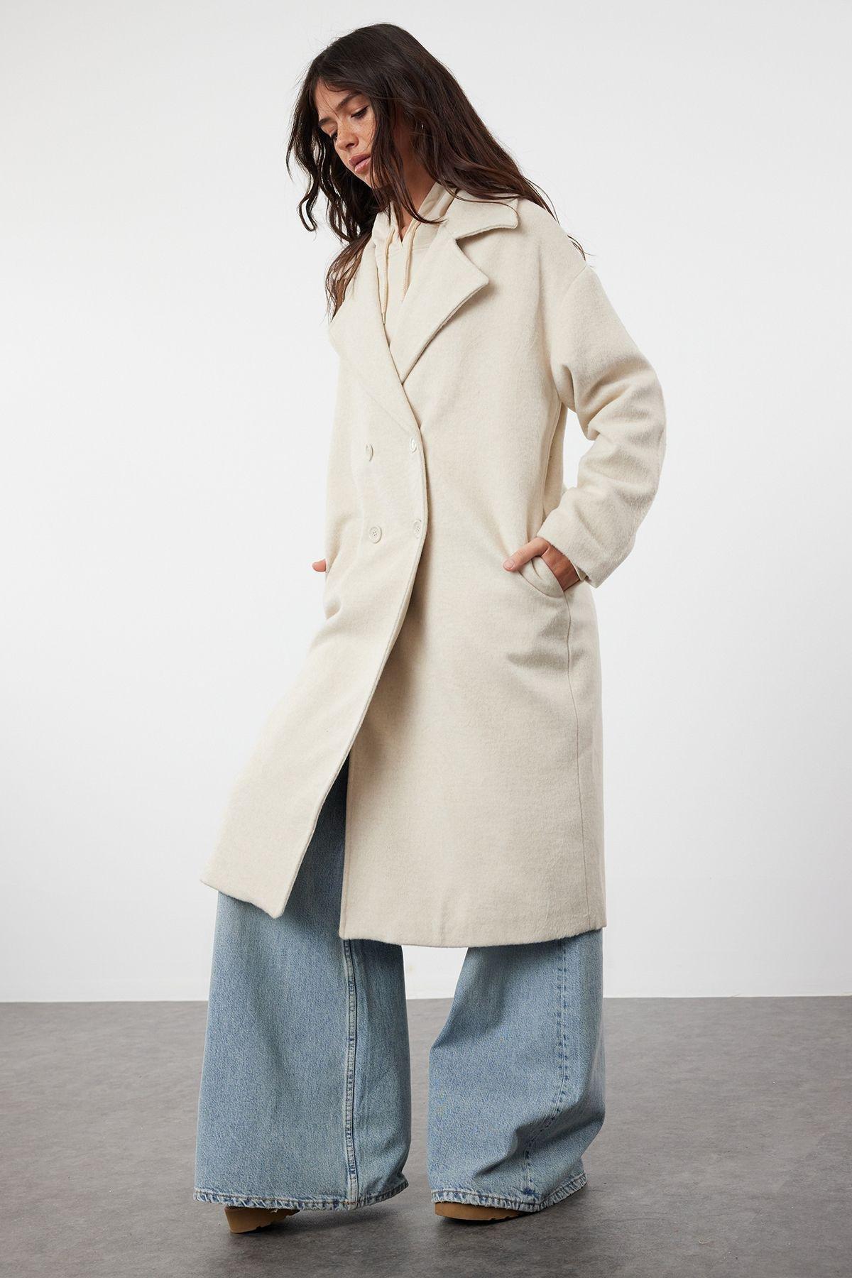 Ecru Oversize Wide Cut Long Wool Cashmere Coat TWOAW21KB0038, Single item, , large image number 1