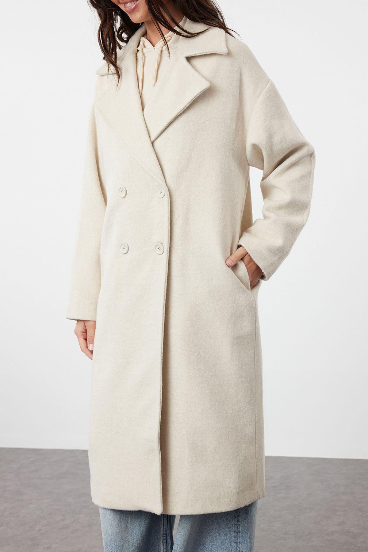 Ecru Oversize Wide Cut Long Wool Cashmere Coat TWOAW21KB0038, Single item, , large image number 3