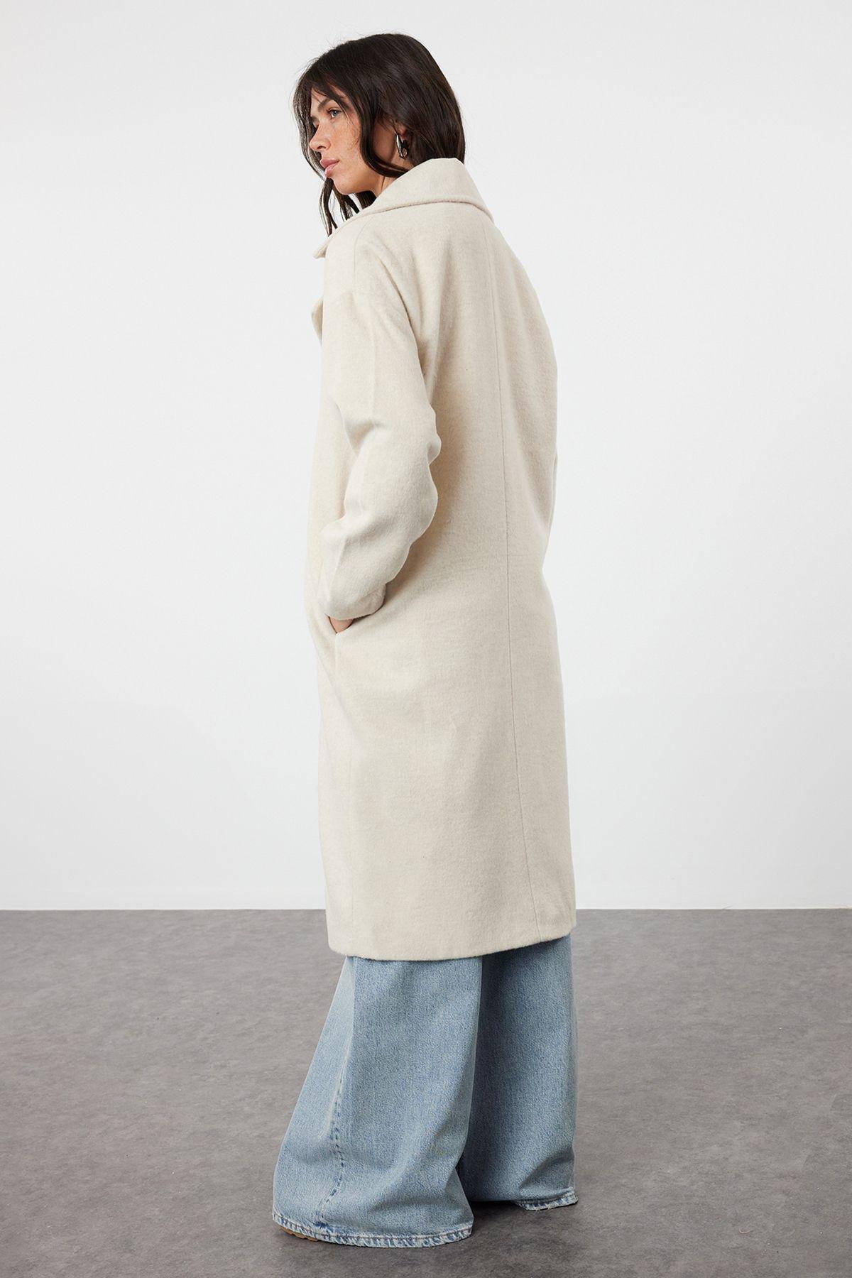 Ecru Oversize Wide Cut Long Wool Cashmere Coat TWOAW21KB0038, Single item, , large image number 4