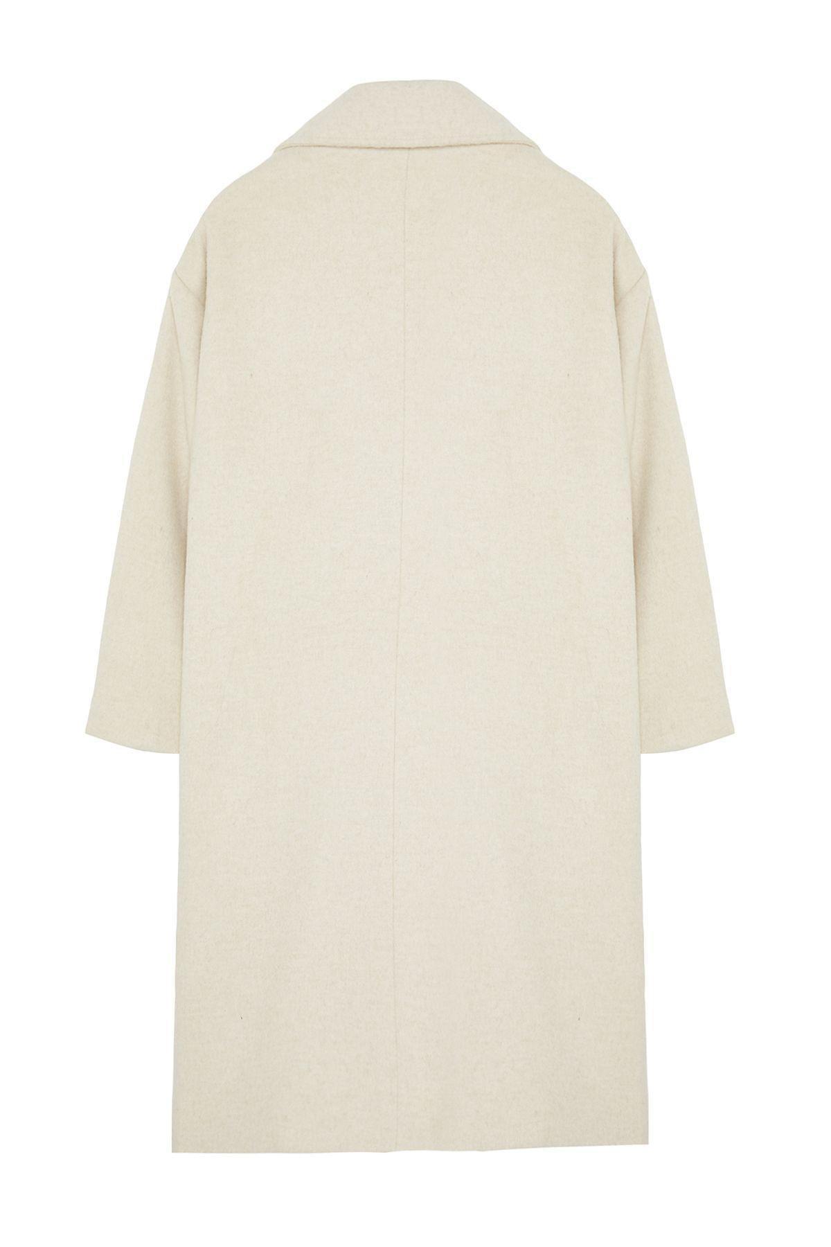Ecru Oversize Wide Cut Long Wool Cashmere Coat TWOAW21KB0038, Single item, , large image number 5