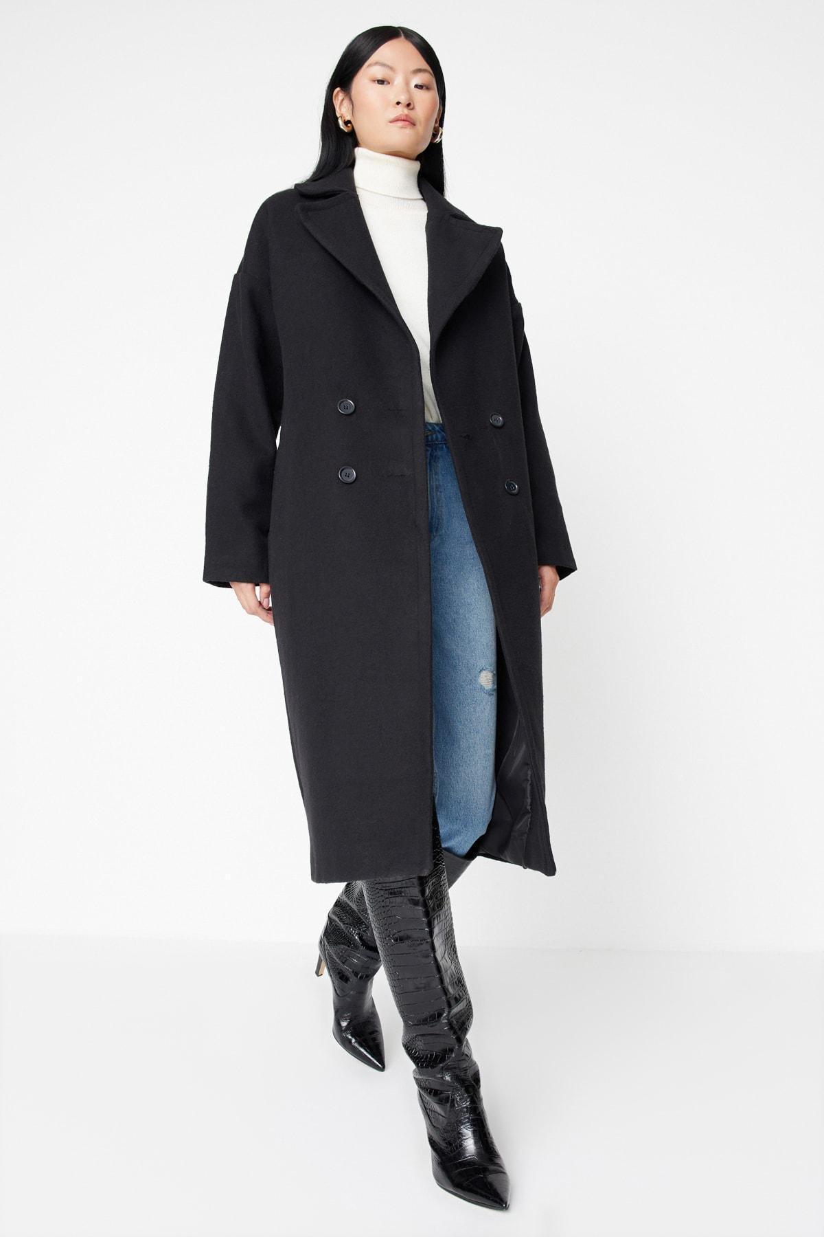 Black Oversize Off-Shoulder Coat, Black, medium