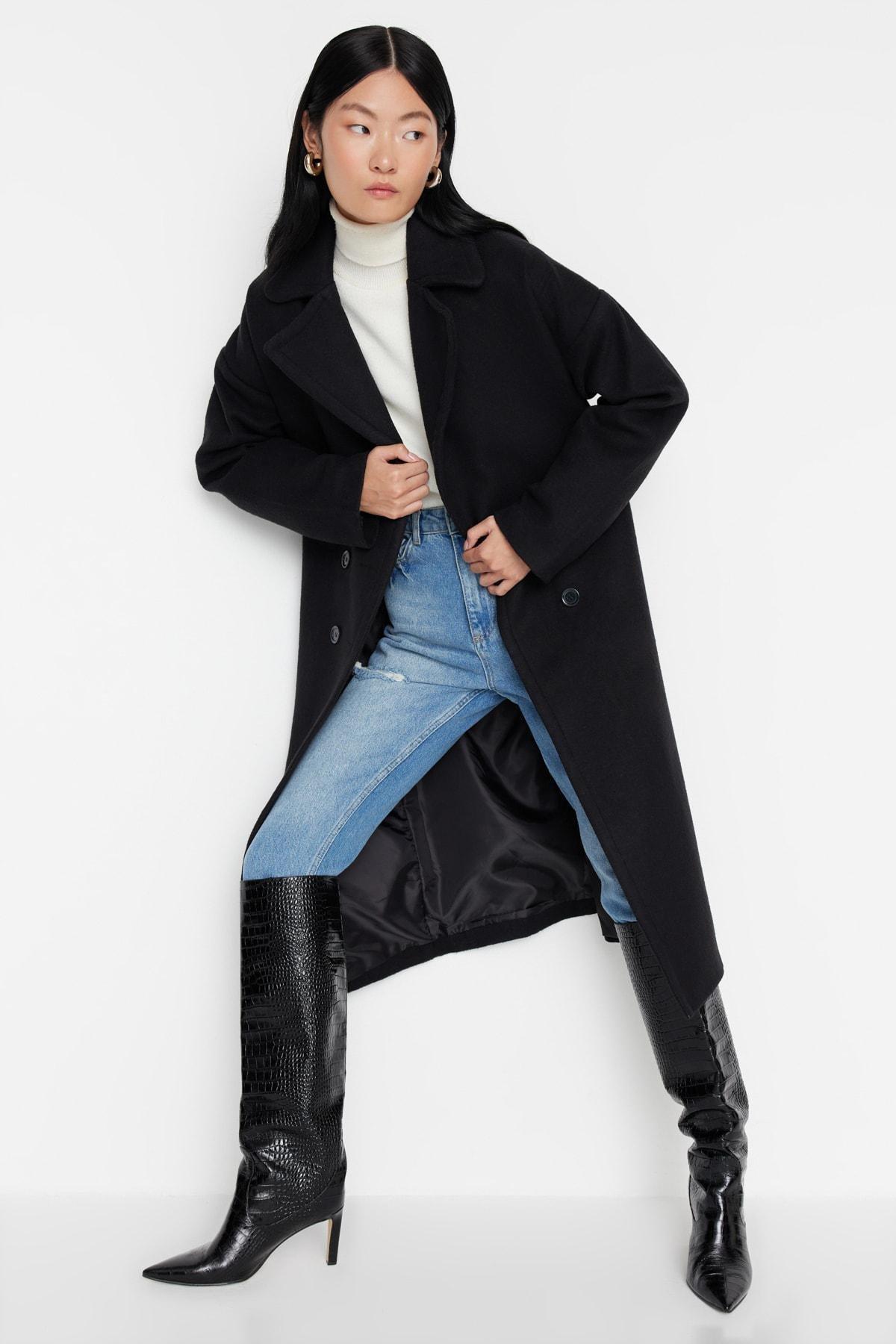 Black Oversize Off-Shoulder Coat, , large image number 1