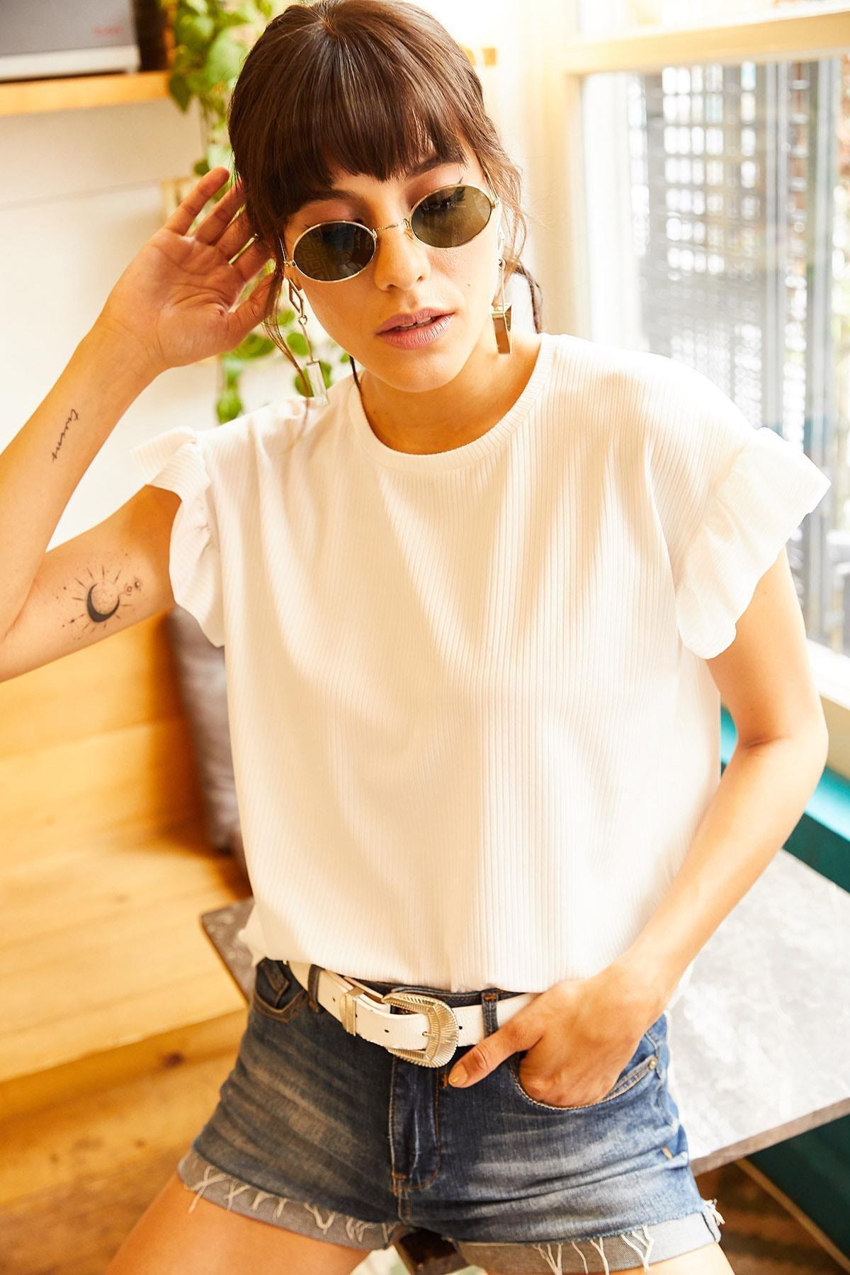 White Camisole With Frilly Sleeves T-Shirt, , large image number 1