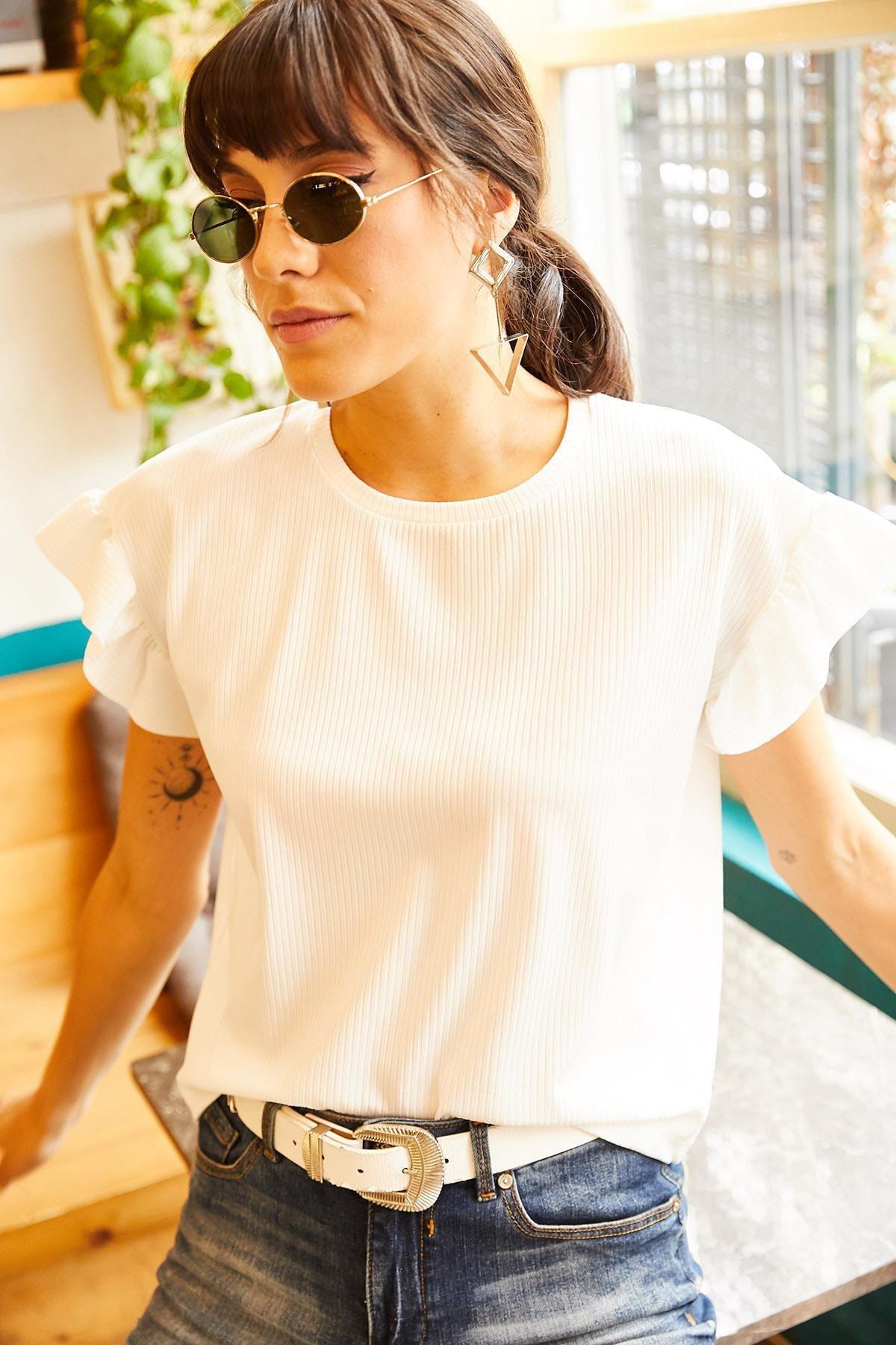 White Camisole With Frilly Sleeves T-Shirt, , large image number 2