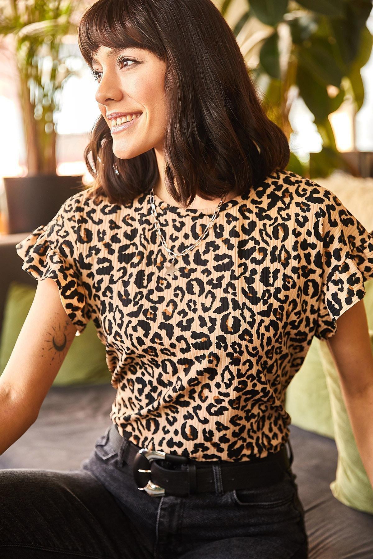 Brown Leopard Sleeve Frilly Camisole T-Shirt, , large image number 0