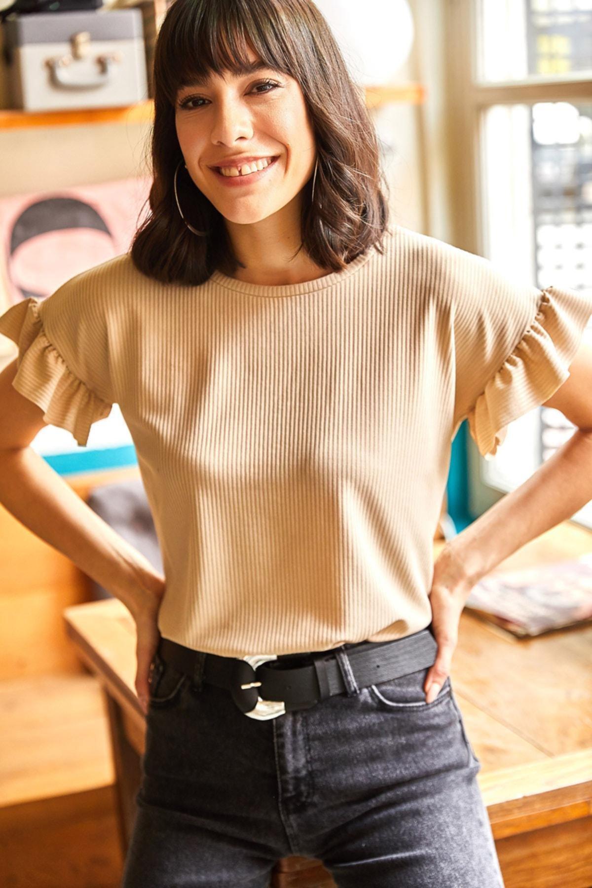 Beige Ruffled Tank Top T-Shirt, , medium