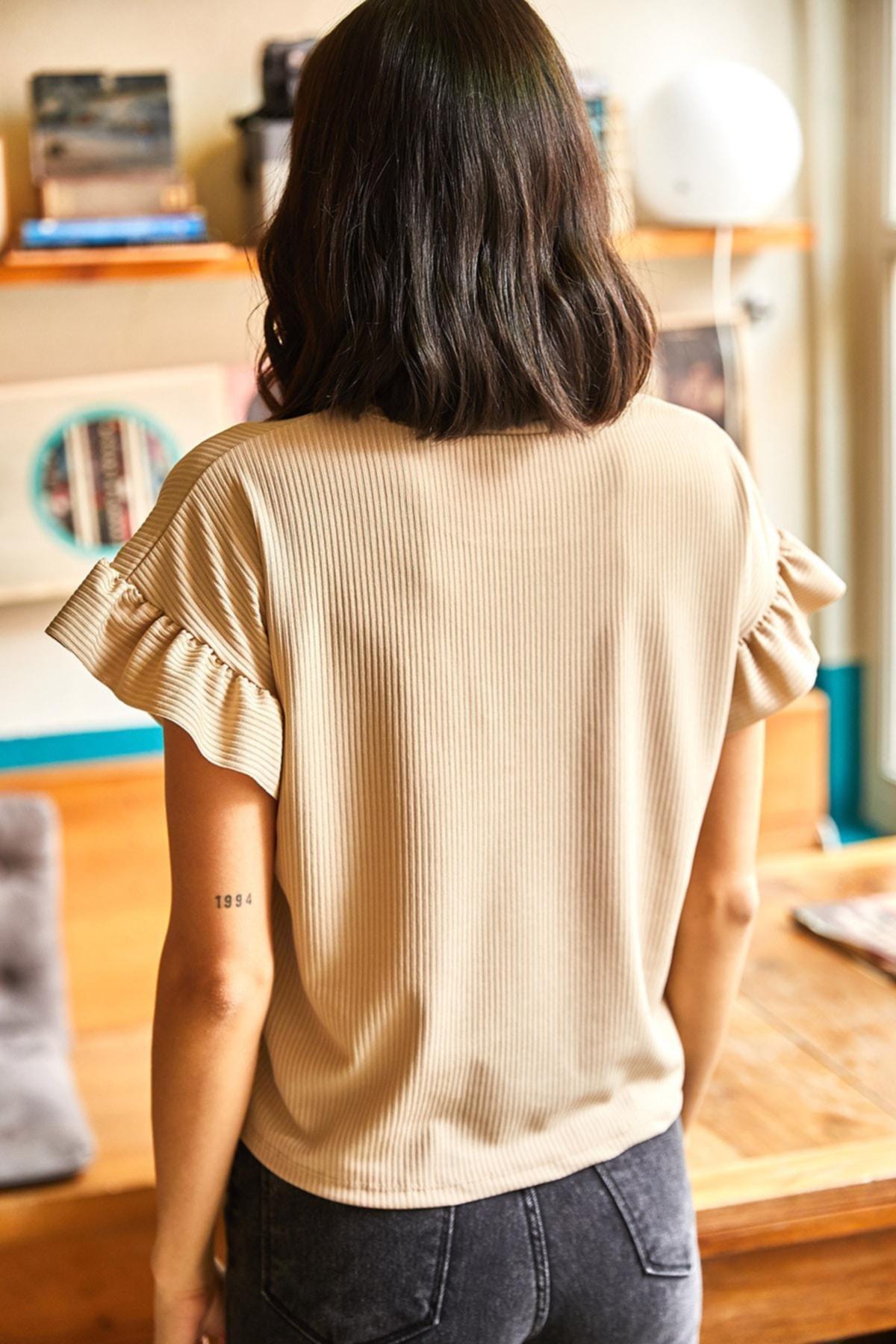 Beige Ruffled Tank Top T-Shirt, , large image number 1