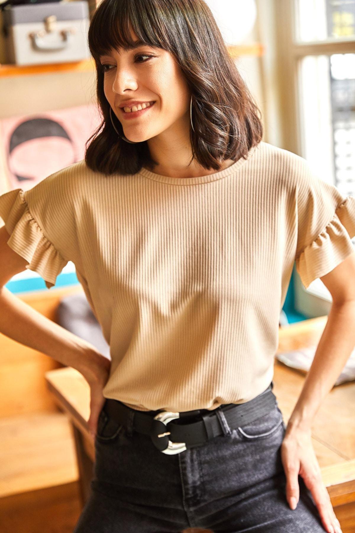 Beige Ruffled Tank Top T-Shirt, , large image number 3
