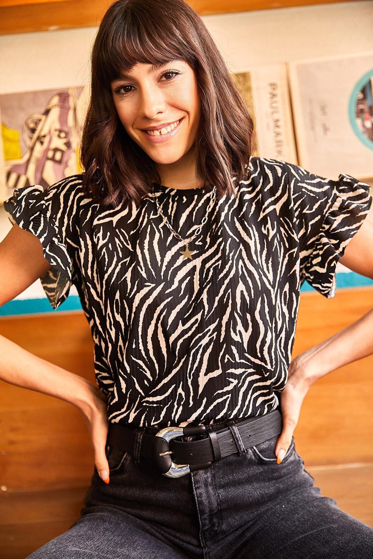 Black Zebra Sleeves Frilly T-Shirt, , large image number 1
