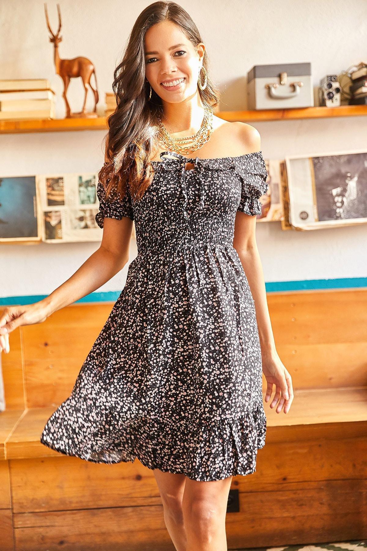 Black Floral Ruffle Hem Dress, , large image number 1