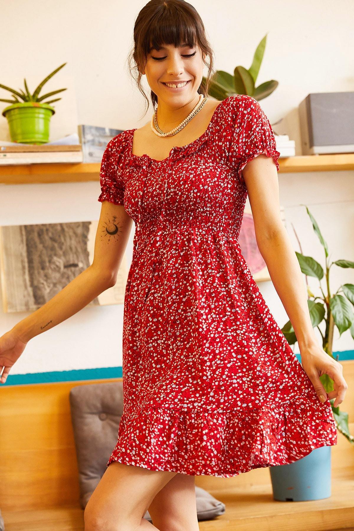 Red Floral Ruffle Hem Dress, , large image number 0
